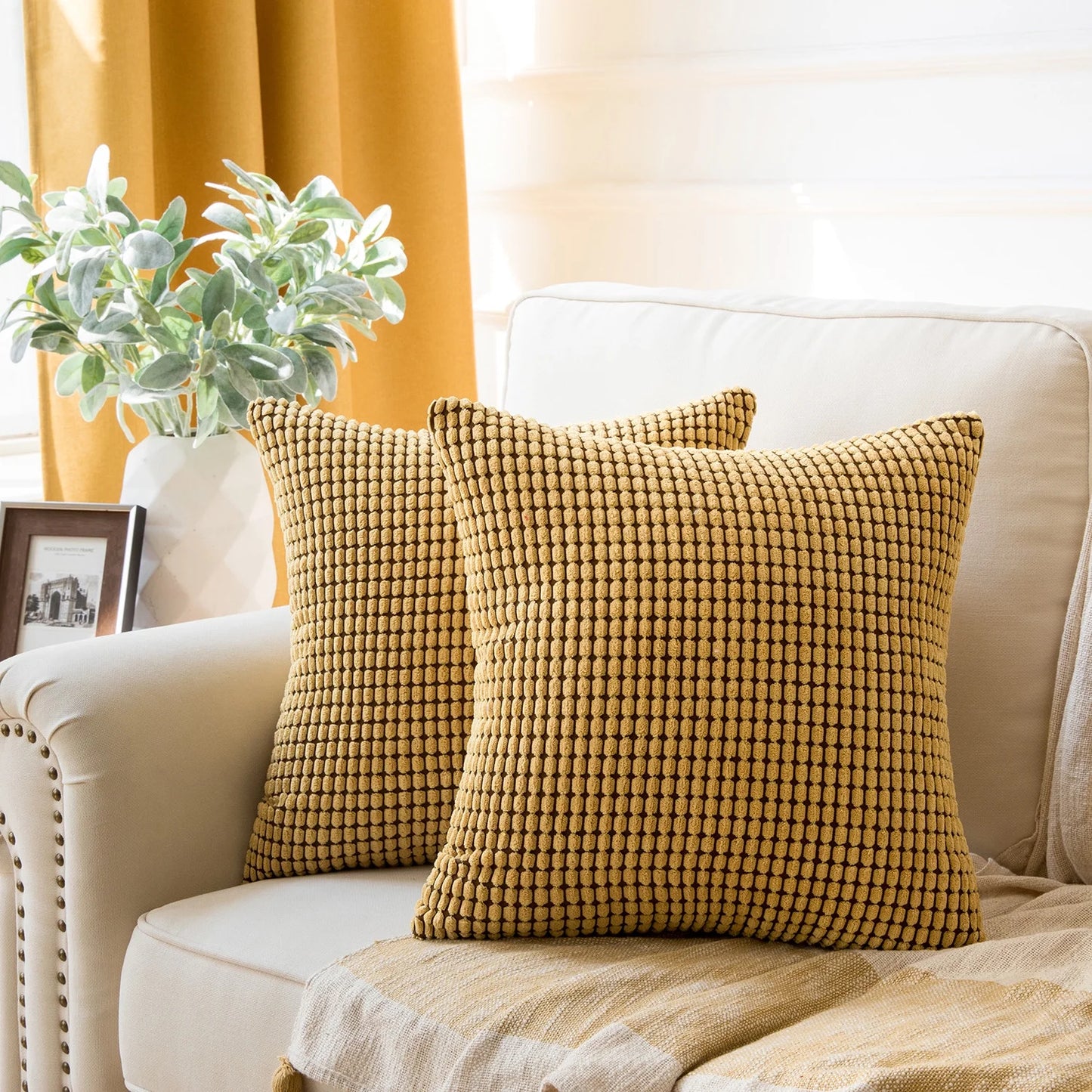 Soft Corduroy Corn Striped Velvet Series Decorative Throw Pillow, 22" X 22", Red, 2 Pack