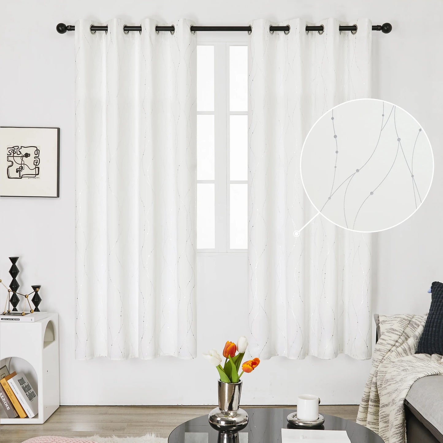 Silver Printed Blackout Curtains - 2 Panels, Wave Dots Pattern, Grommet Top, 52"X95", Thermal Insulated Drapes for Bedroom & Living Room, Gray