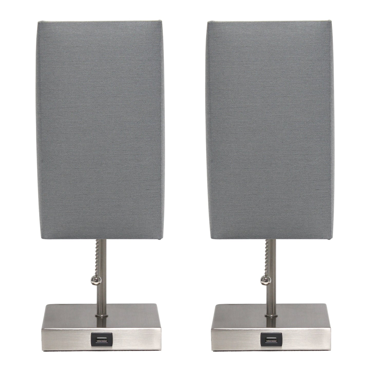 14.25" Petite Brushed Nickel Stick Lamp 2 Pack Set with USB Charging Port, Gray Shade