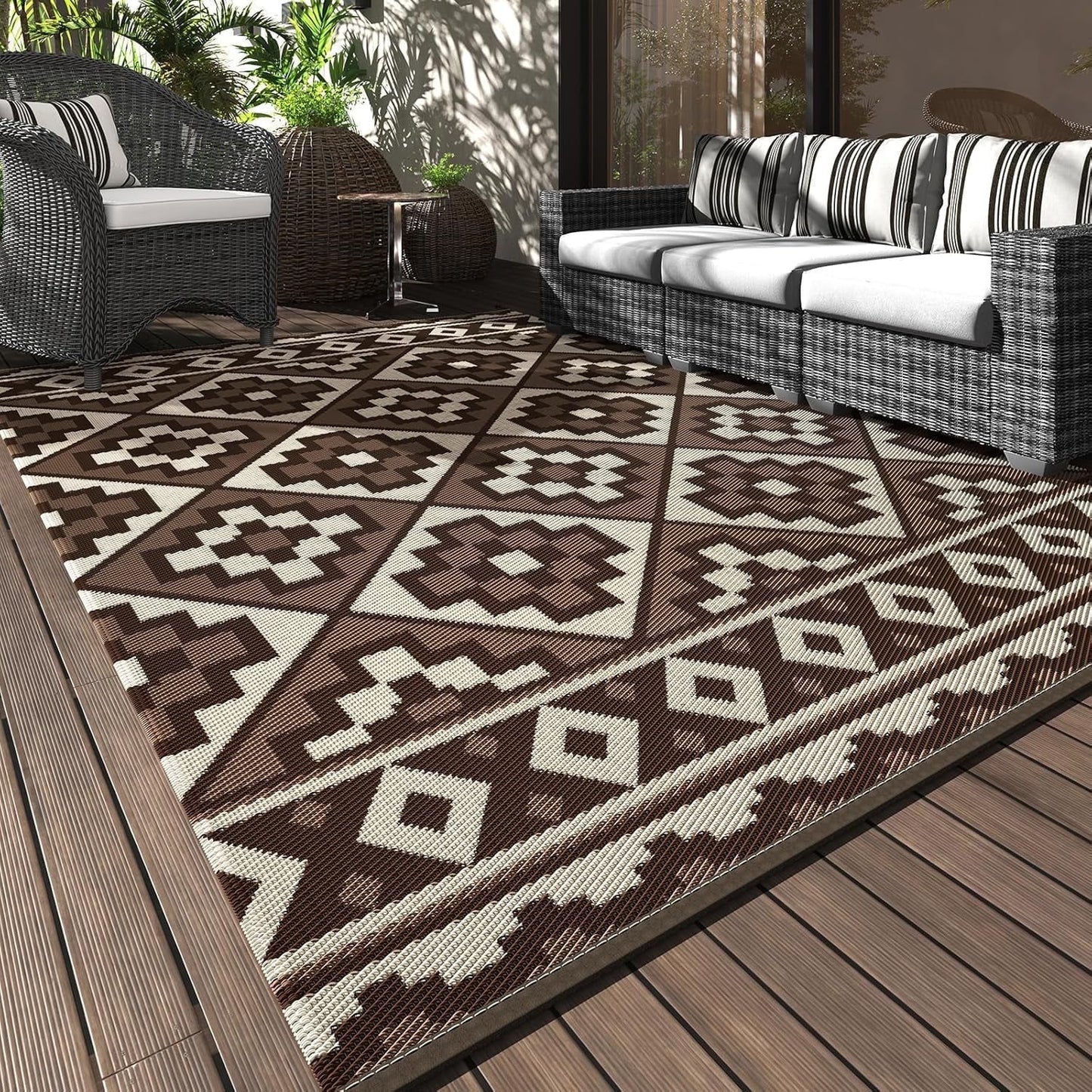Outdoor Rug with LED Strip Lights 6'X9' Waterproof Reversible Patio Rug Foldable Plastic Straw Indoor Outdoor Rug for RV Camping Deck Balcony Porch Modern Boho Patio Decor Checkered Rug Grey