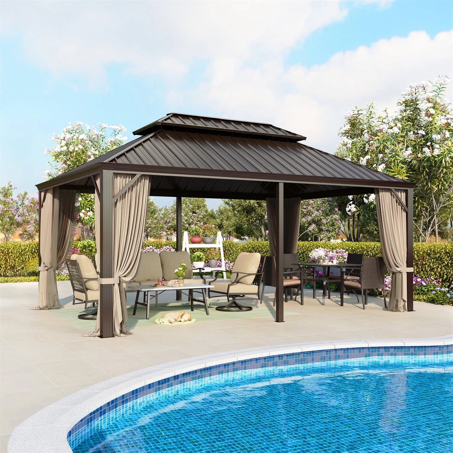 Summit Living 10' X 12' Outdoor Hardtop Gazebo Aluminum Frame Galvanized Steel Double Roof Patio Gazebo with Netting and Curtains Brown