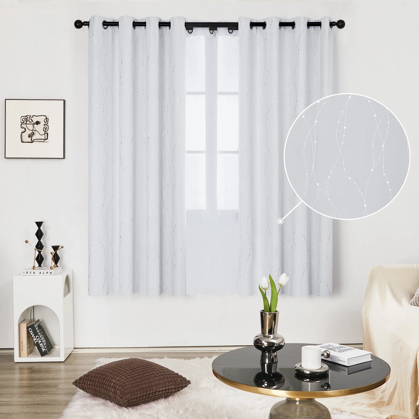 Silver Printed Blackout Curtains - 2 Panels, Wave Dots Pattern, Grommet Top, 52"X95", Thermal Insulated Drapes for Bedroom & Living Room, Gray