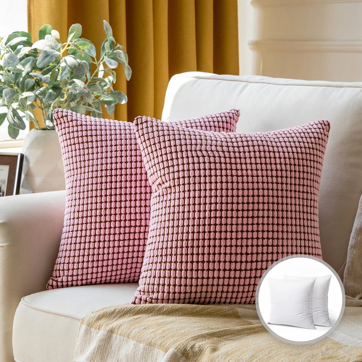 Soft Corduroy Corn Striped Velvet Series Decorative Throw Pillow, 22" X 22", Red, 2 Pack