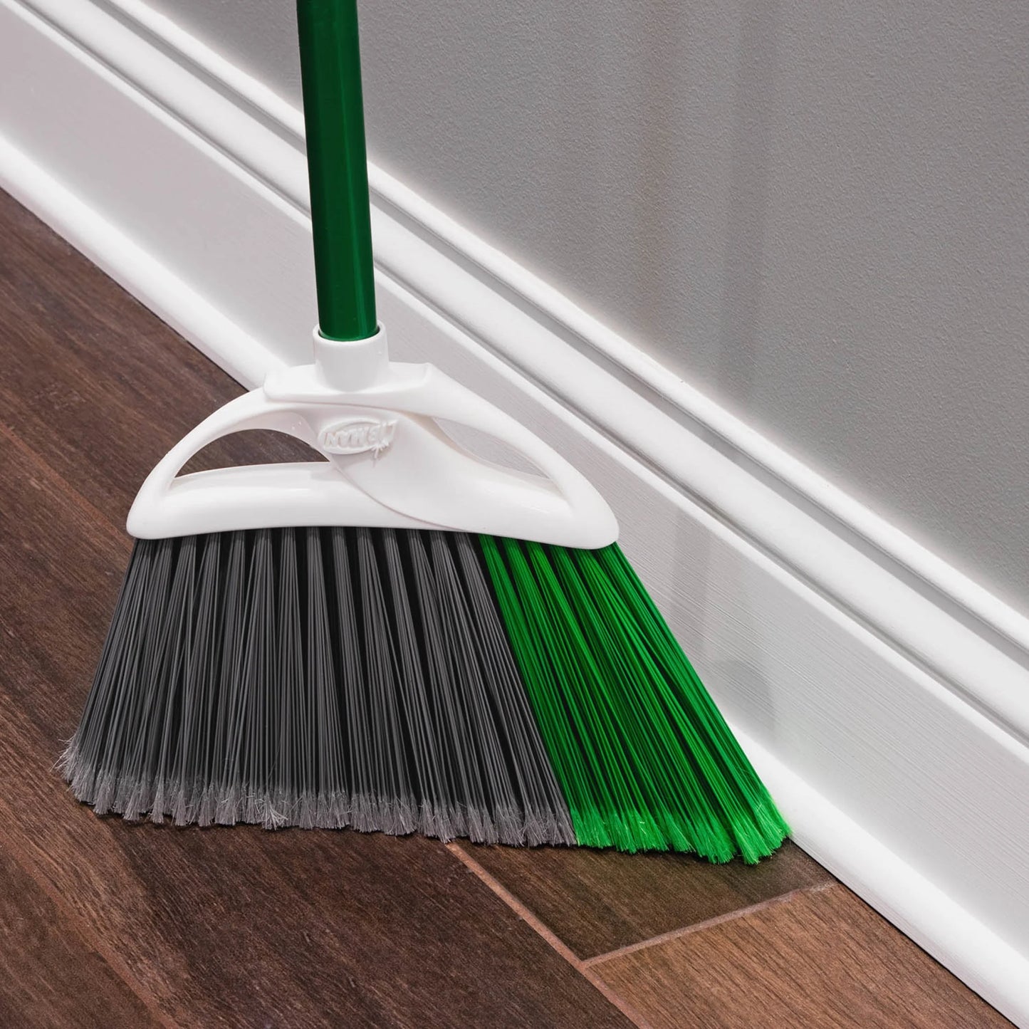 2Pk Precision Angle Brooms and Dust Pan Value Pack Green Steel Handle Dual Broom Fibers