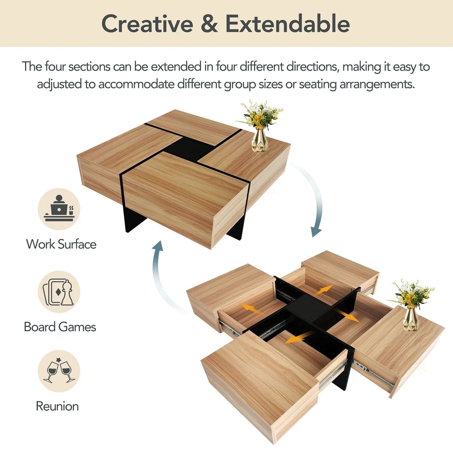 Unique Coffee Table, Side End Table with 4 Hidden Storage Compartments, Extendable Sliding Tabletop Accent Table for Living Room, Brown