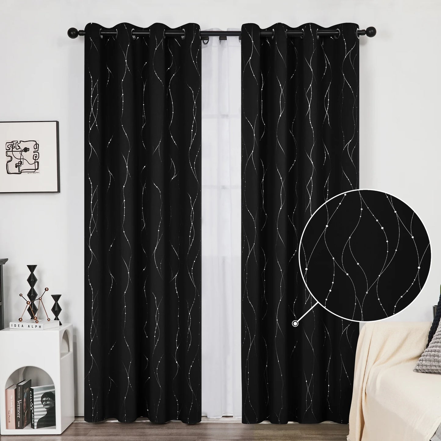 Silver Printed Blackout Curtains - 2 Panels, Wave Dots Pattern, Grommet Top, 52"X95", Thermal Insulated Drapes for Bedroom & Living Room, Gray