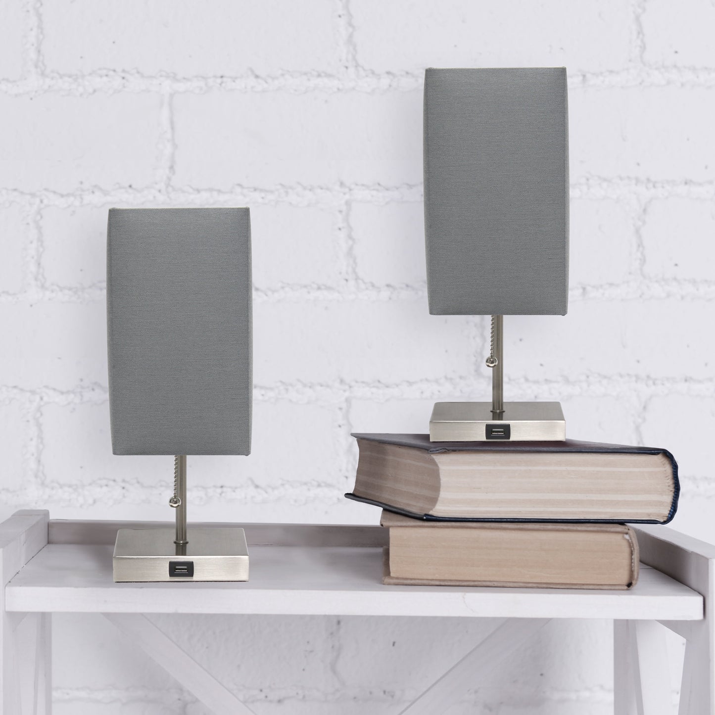 14.25" Petite Brushed Nickel Stick Lamp 2 Pack Set with USB Charging Port, Gray Shade