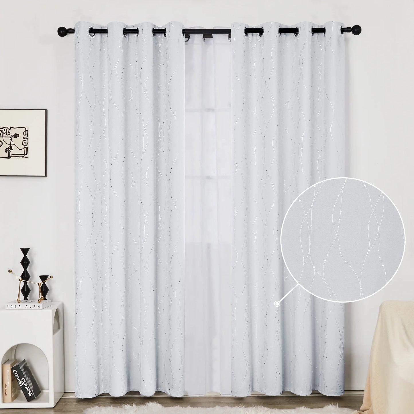 Silver Printed Blackout Curtains - 2 Panels, Wave Dots Pattern, Grommet Top, 52"X95", Thermal Insulated Drapes for Bedroom & Living Room, Gray