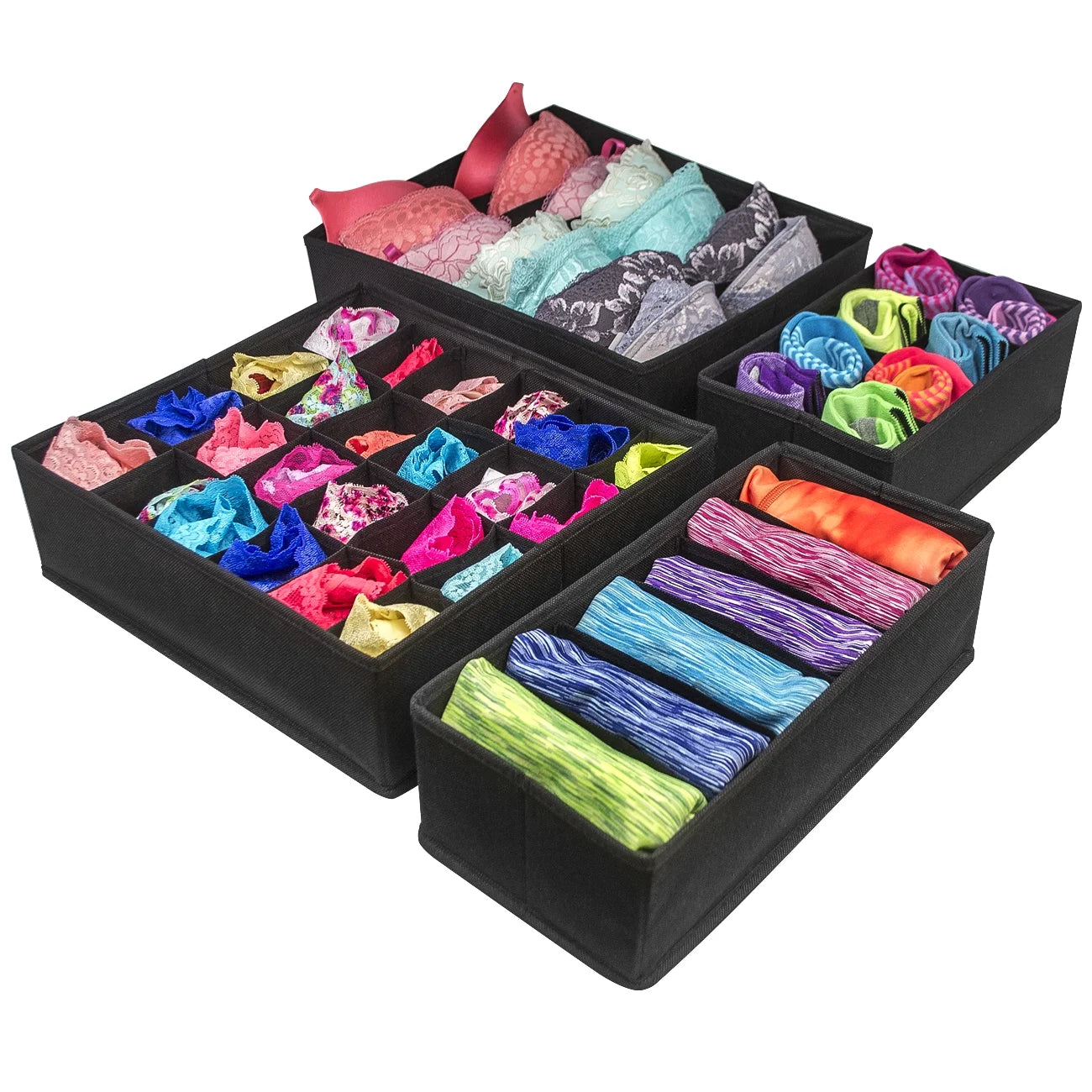 Set of 4 Foldable Drawer Dividers, Storage Boxes, Closet Organizers, under Bed Organizer, for Clothing, Shoes, Underwear, Bra, Socks and Ties (Black)