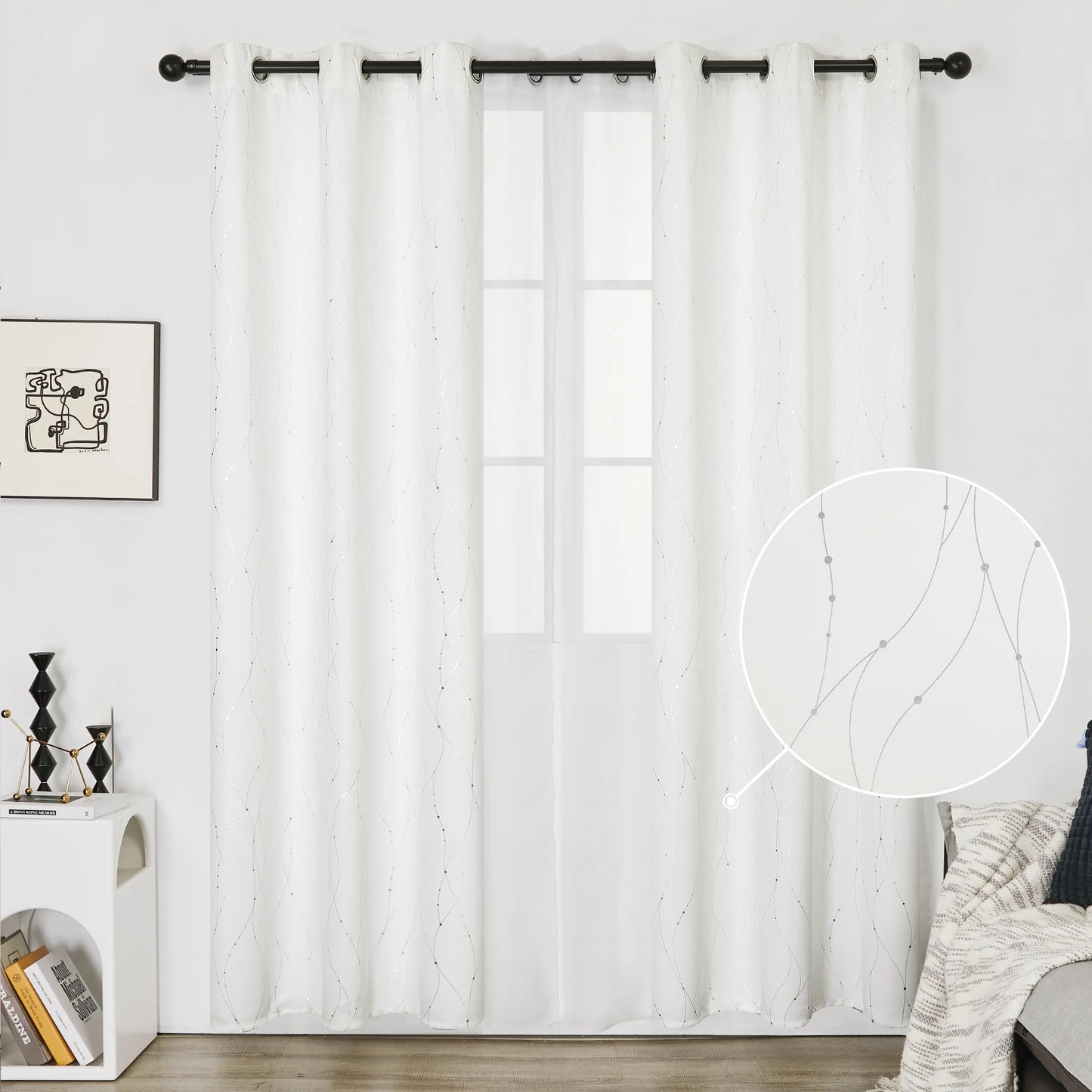Silver Printed Blackout Curtains - 2 Panels, Wave Dots Pattern, Grommet Top, 52"X95", Thermal Insulated Drapes for Bedroom & Living Room, Gray