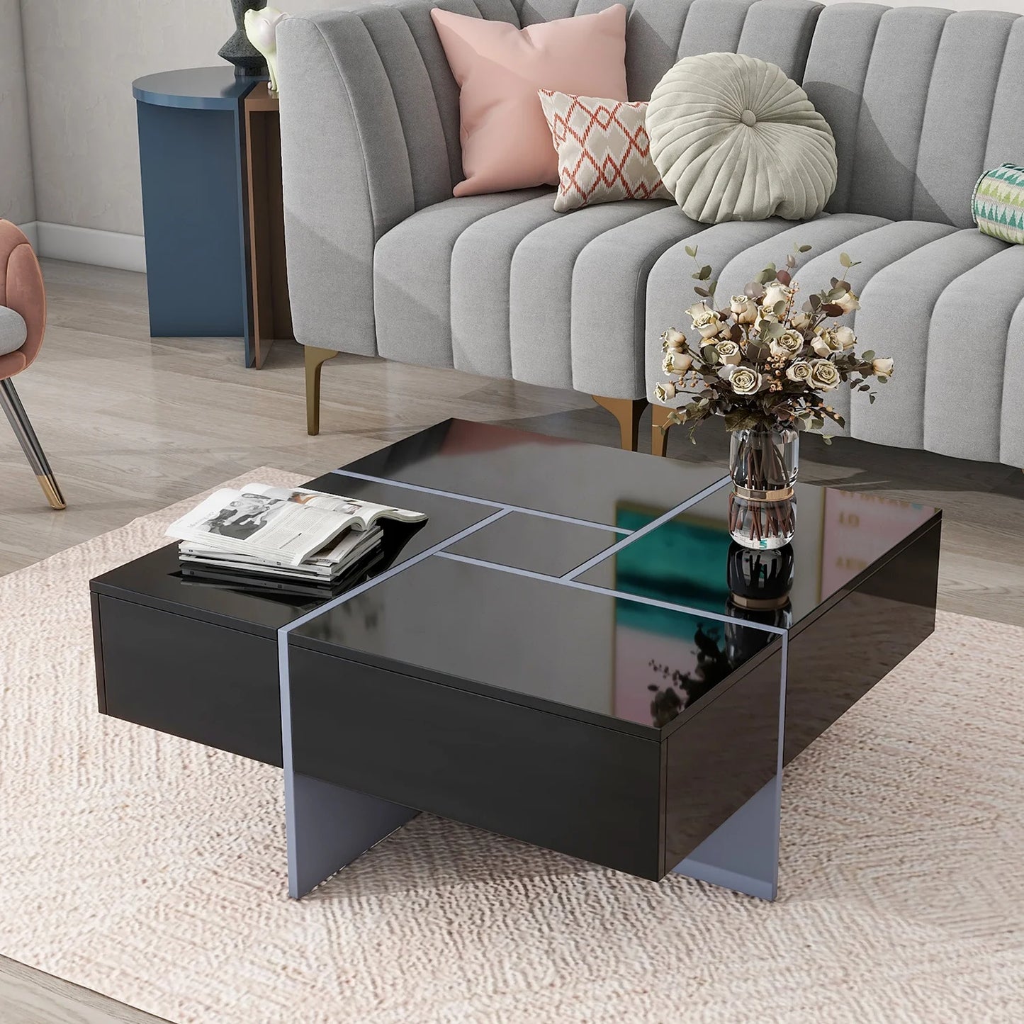 Unique Coffee Table, Side End Table with 4 Hidden Storage Compartments, Extendable Sliding Tabletop Accent Table for Living Room, Brown