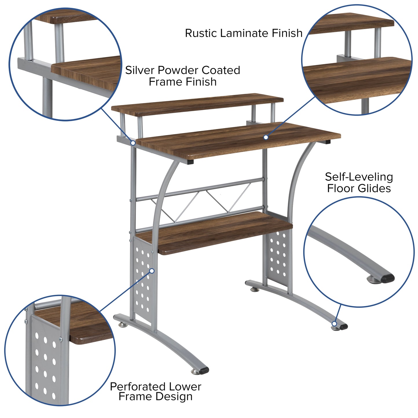 Clifton Rustic Walnut Computer Desk with Top and Lower Storage Shelves
