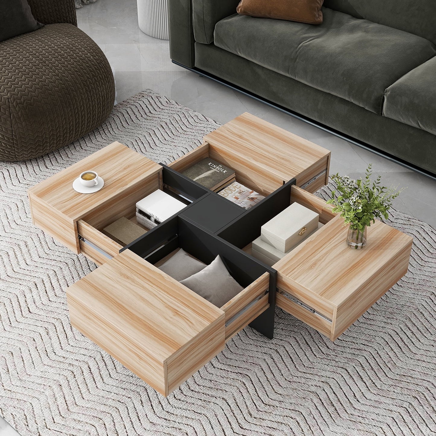 Unique Coffee Table, Side End Table with 4 Hidden Storage Compartments, Extendable Sliding Tabletop Accent Table for Living Room, Brown