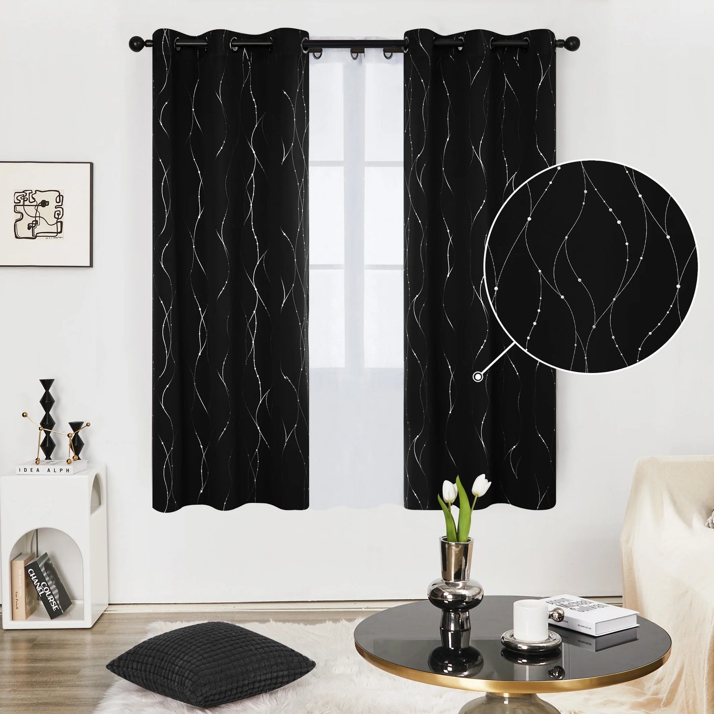 Silver Printed Blackout Curtains - 2 Panels, Wave Dots Pattern, Grommet Top, 52"X95", Thermal Insulated Drapes for Bedroom & Living Room, Gray
