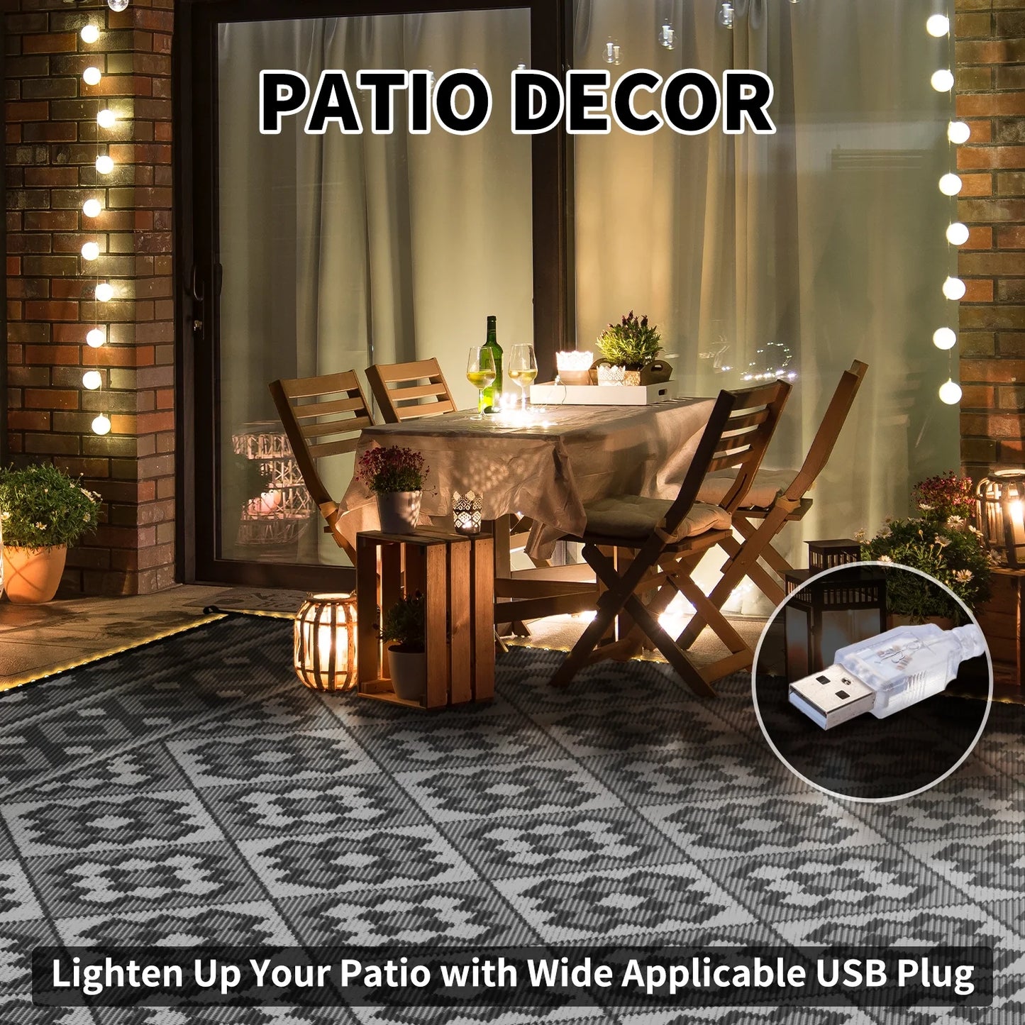 Outdoor Rug with LED Strip Lights 6'X9' Waterproof Reversible Patio Rug Foldable Plastic Straw Indoor Outdoor Rug for RV Camping Deck Balcony Porch Modern Boho Patio Decor Checkered Rug Grey