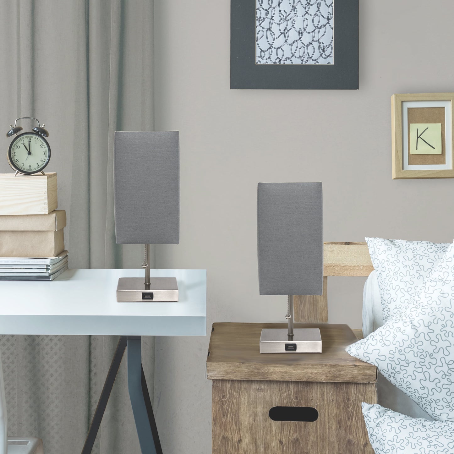 14.25" Petite Brushed Nickel Stick Lamp 2 Pack Set with USB Charging Port, Gray Shade