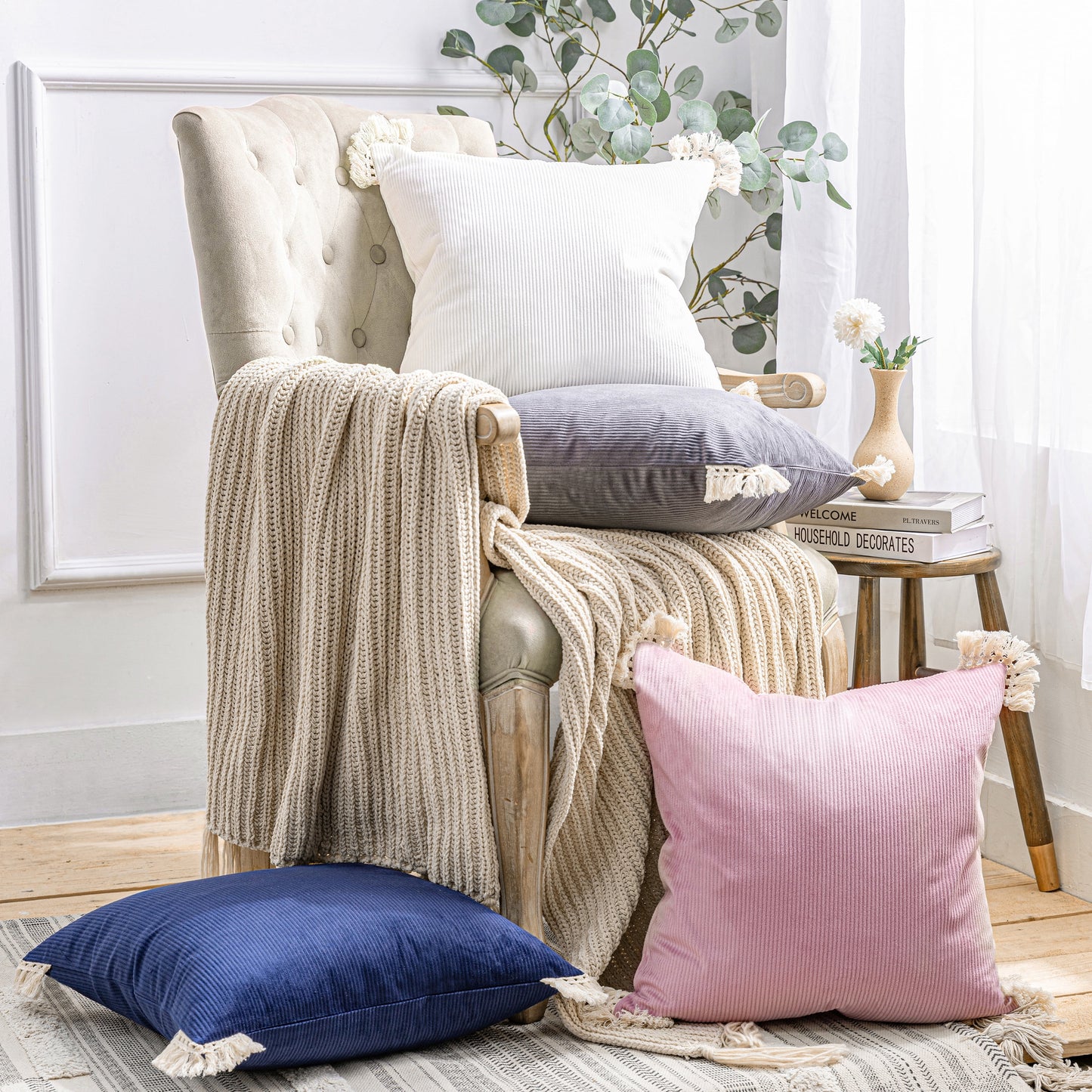 Soft Corduroy Velvet with Cotton Tassel Solid Square Cusion Accent Decorative Throw Pillow for Couch, 12" X 20", off White, 2 Pack