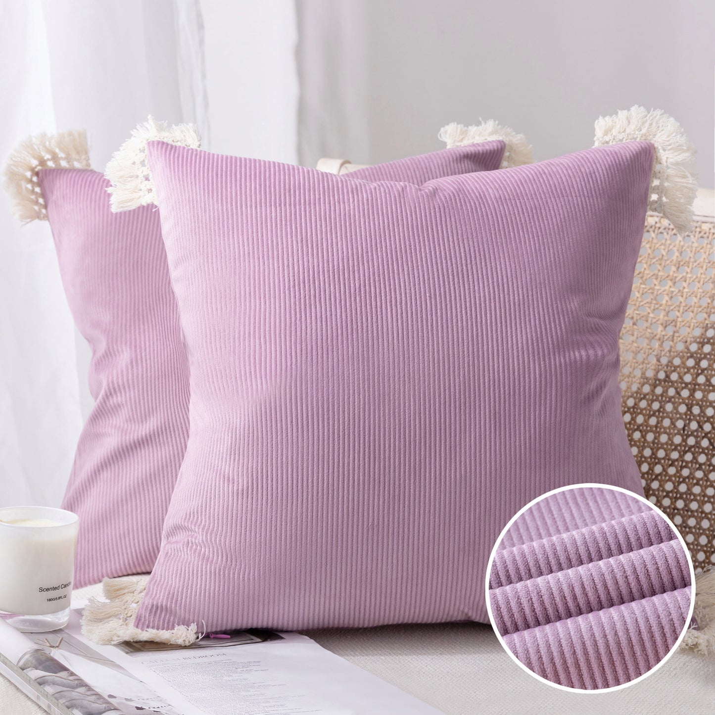 Soft Corduroy Velvet with Cotton Tassel Solid Square Cusion Accent Decorative Throw Pillow for Couch, 12" X 20", off White, 2 Pack
