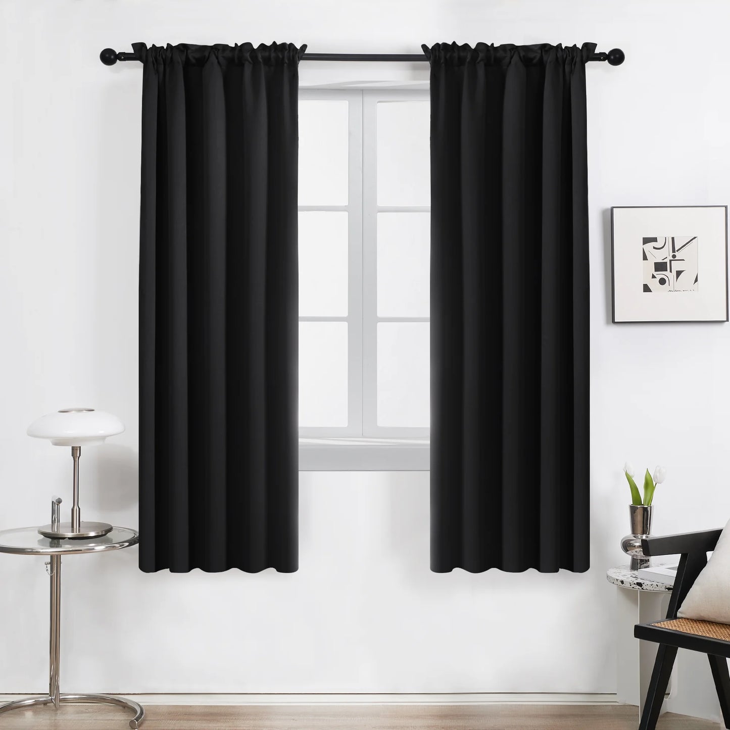Blackout Curtains Rod Pocket Solid Thermal Insulated Curtains & Drapes for Bedroom 2 Panels, 42 X 63 Inch , Black