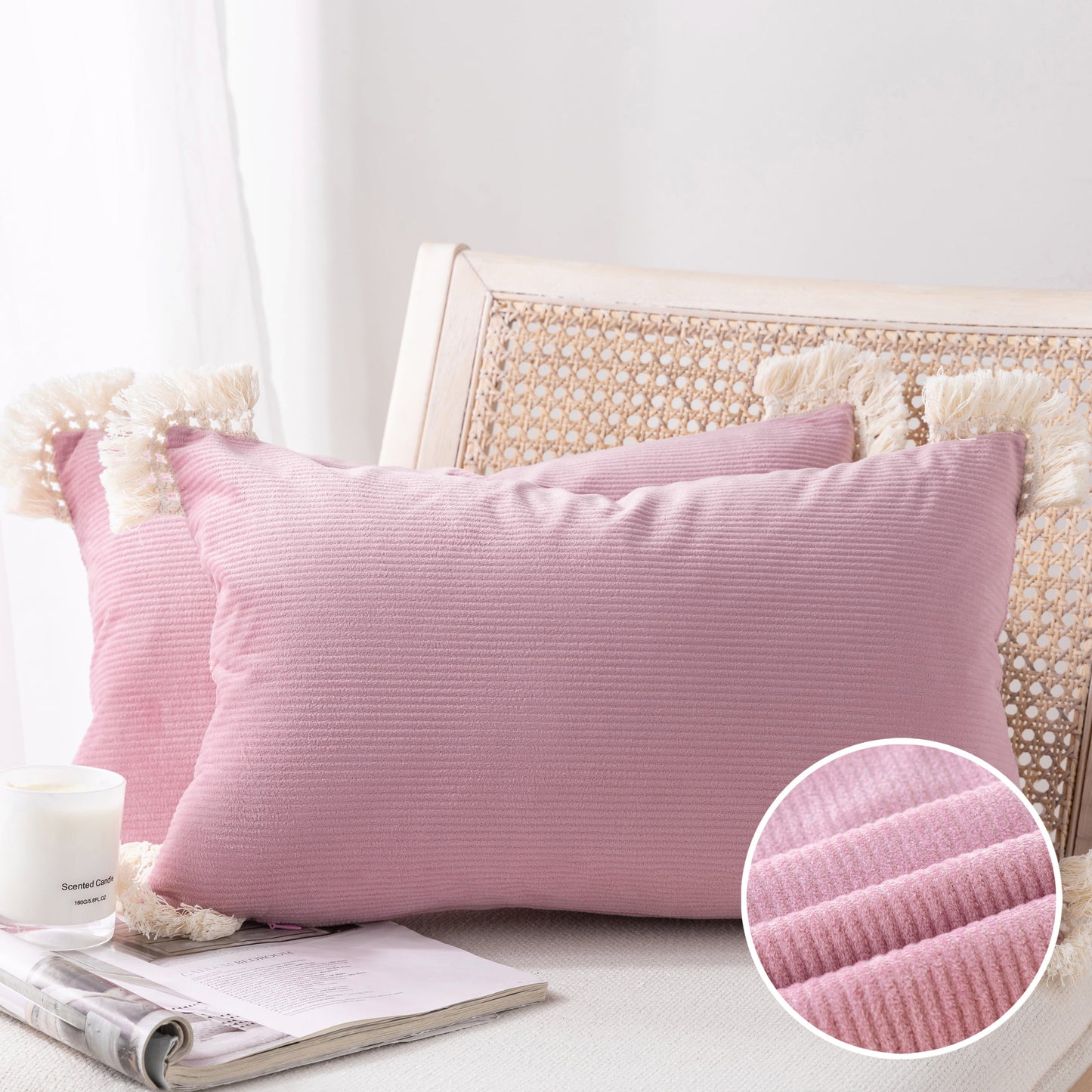 Soft Corduroy Velvet with Cotton Tassel Solid Square Cusion Accent Decorative Throw Pillow for Couch, 12" X 20", off White, 2 Pack