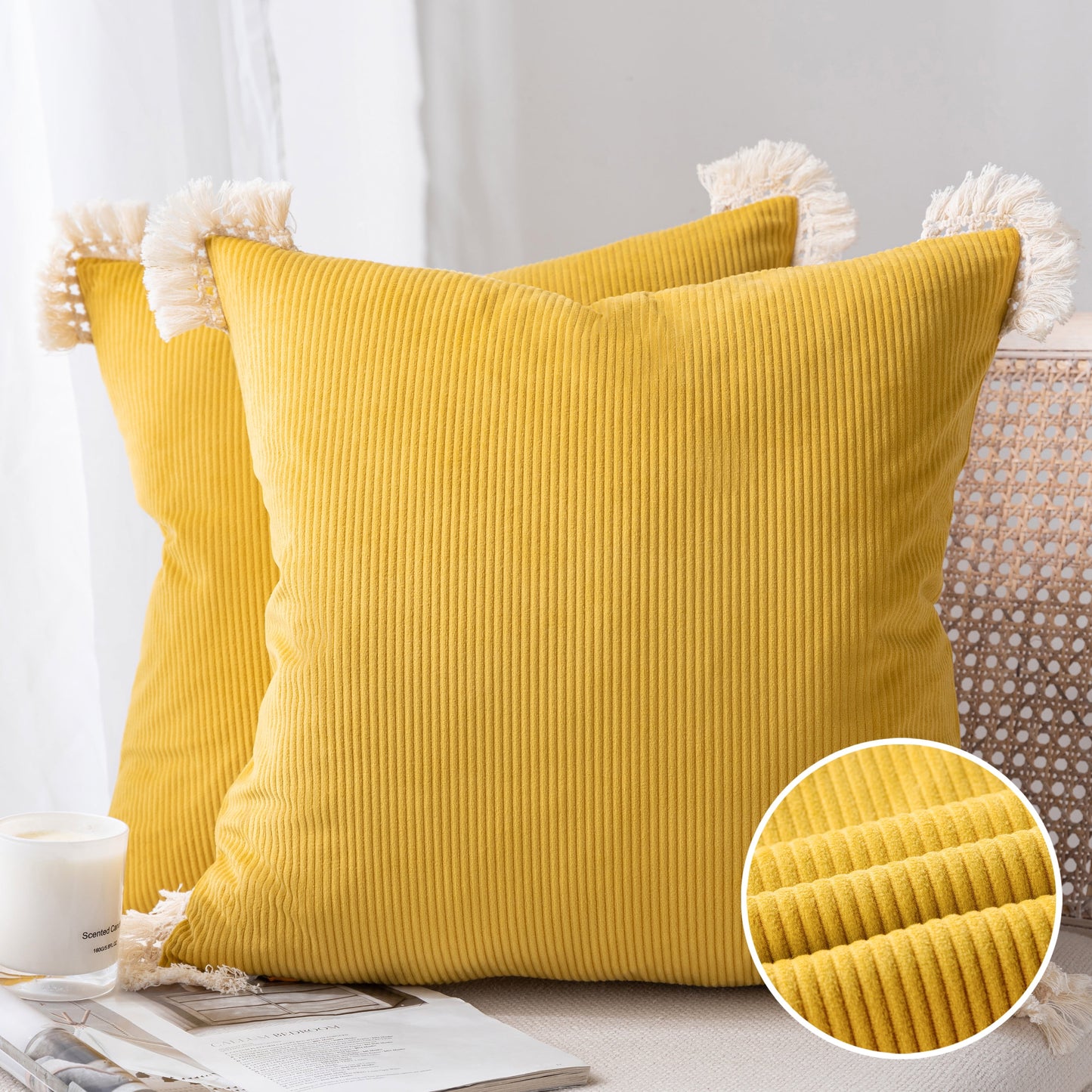 Soft Corduroy Velvet with Cotton Tassel Solid Square Cusion Accent Decorative Throw Pillow for Couch, 12" X 20", off White, 2 Pack