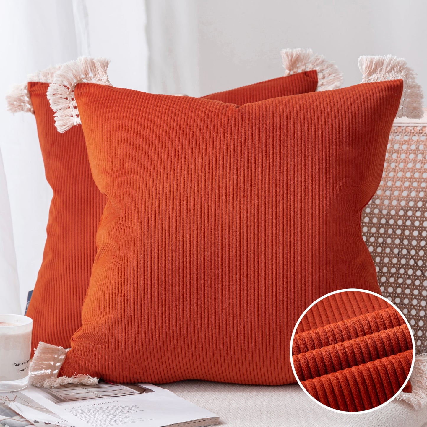 Soft Corduroy Velvet with Cotton Tassel Solid Square Cusion Accent Decorative Throw Pillow for Couch, 12" X 20", off White, 2 Pack