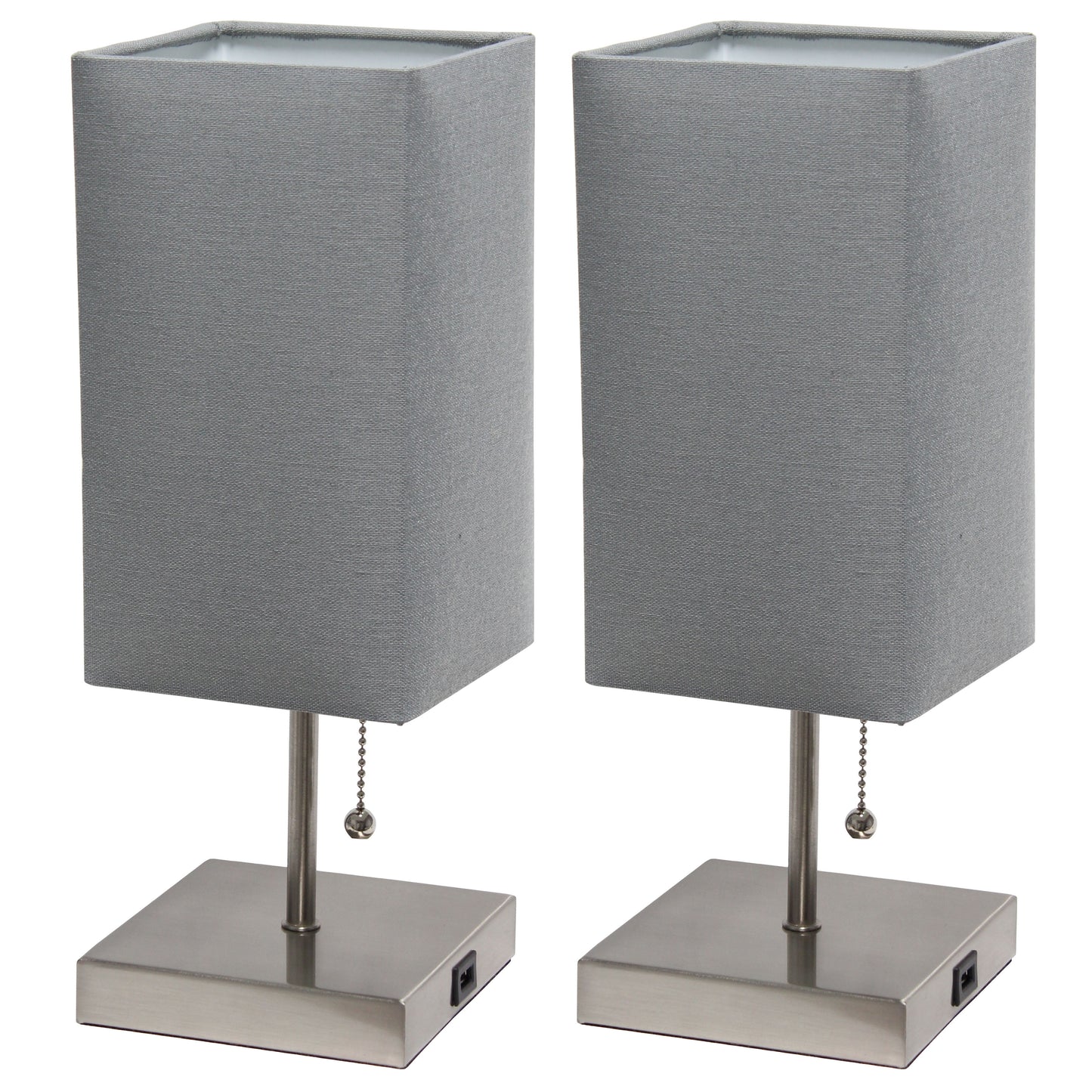 14.25" Petite Brushed Nickel Stick Lamp 2 Pack Set with USB Charging Port, Gray Shade