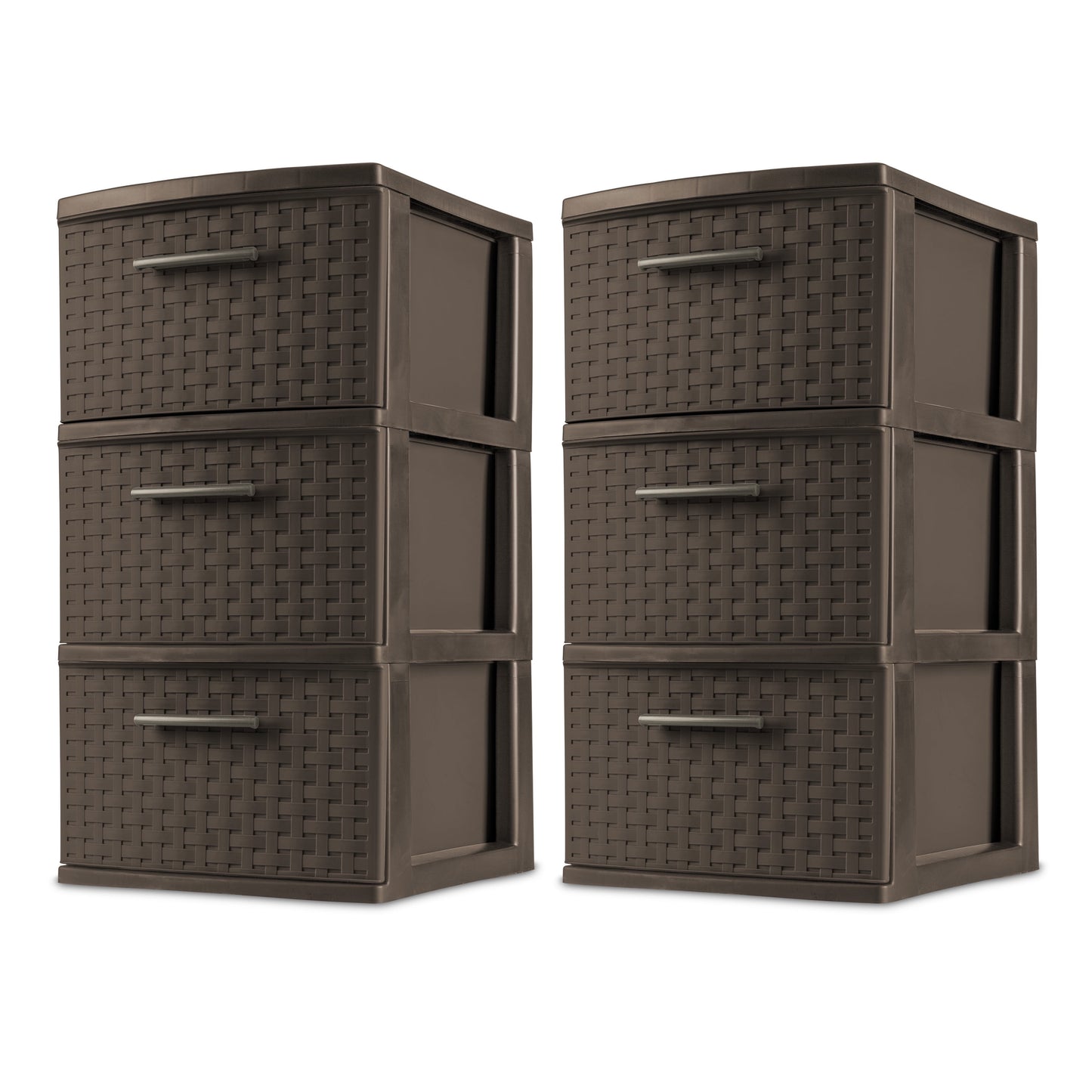 3 Drawer Tower, Slim Plastic Weave 3 Drawer Tower with Pull Handles, Brown