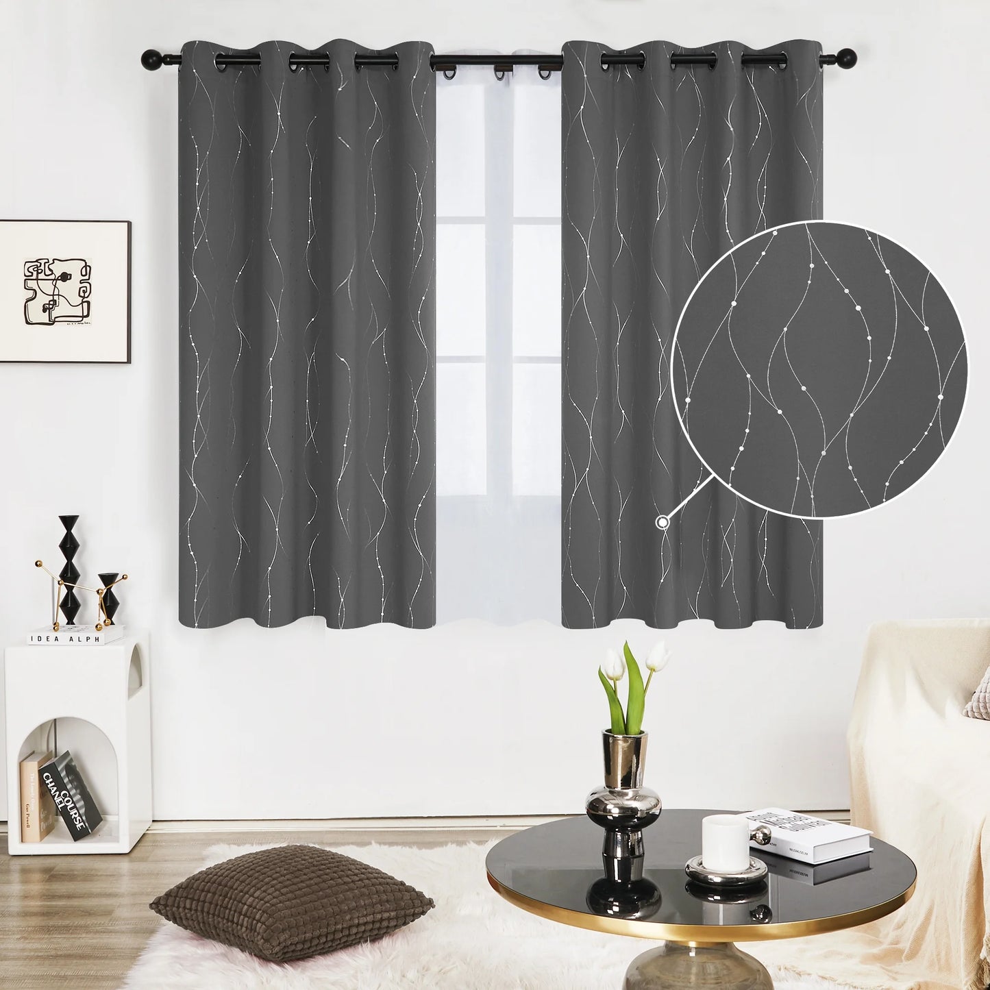Silver Printed Blackout Curtains - 2 Panels, Wave Dots Pattern, Grommet Top, 52"X95", Thermal Insulated Drapes for Bedroom & Living Room, Gray