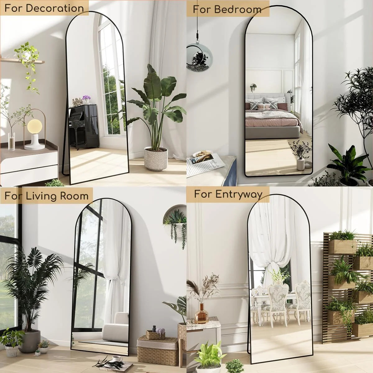 58"X18" Full Length Arch Top Mirror with Metal Frame Stand Wall Mounted, Black
