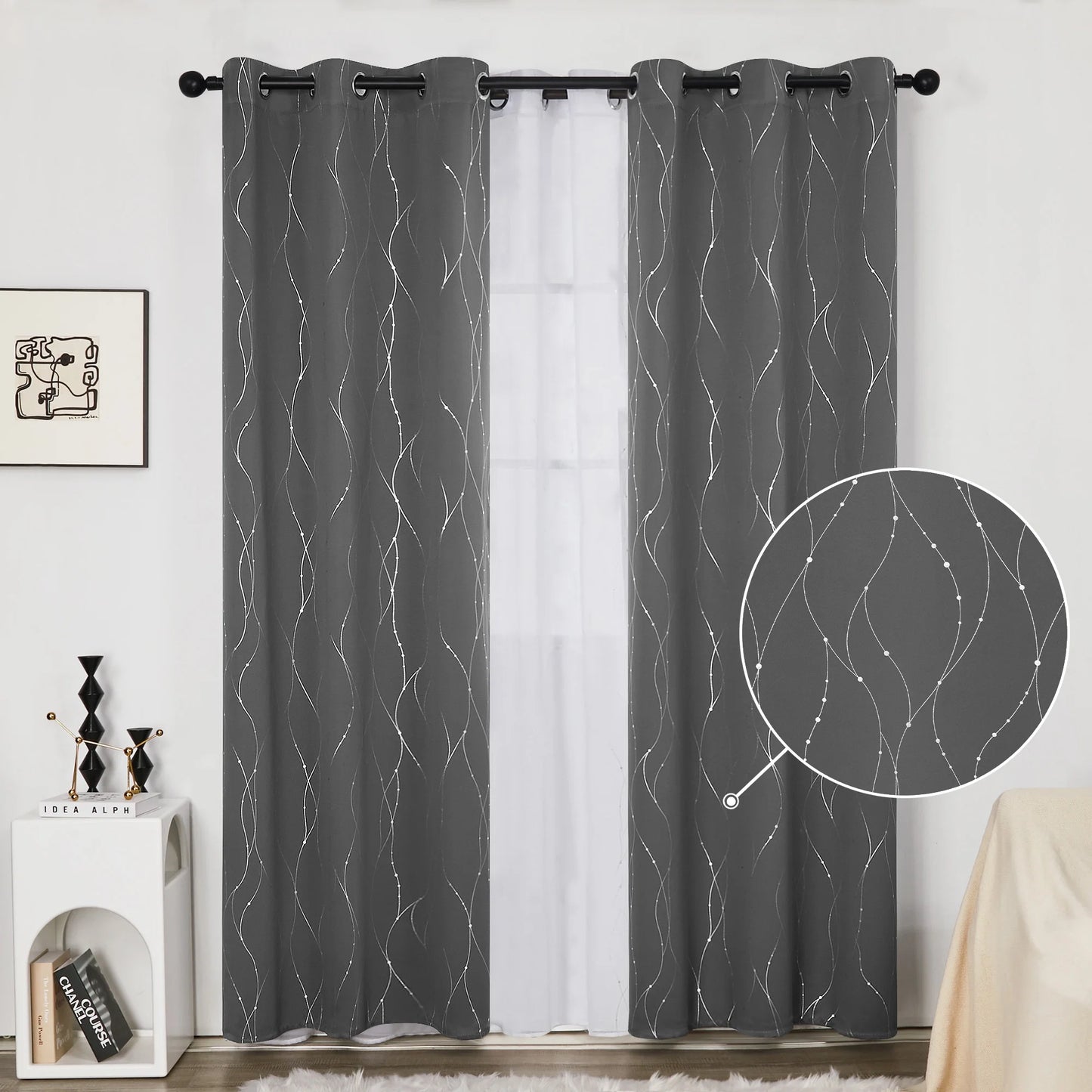 Silver Printed Blackout Curtains - 2 Panels, Wave Dots Pattern, Grommet Top, 52"X95", Thermal Insulated Drapes for Bedroom & Living Room, Gray