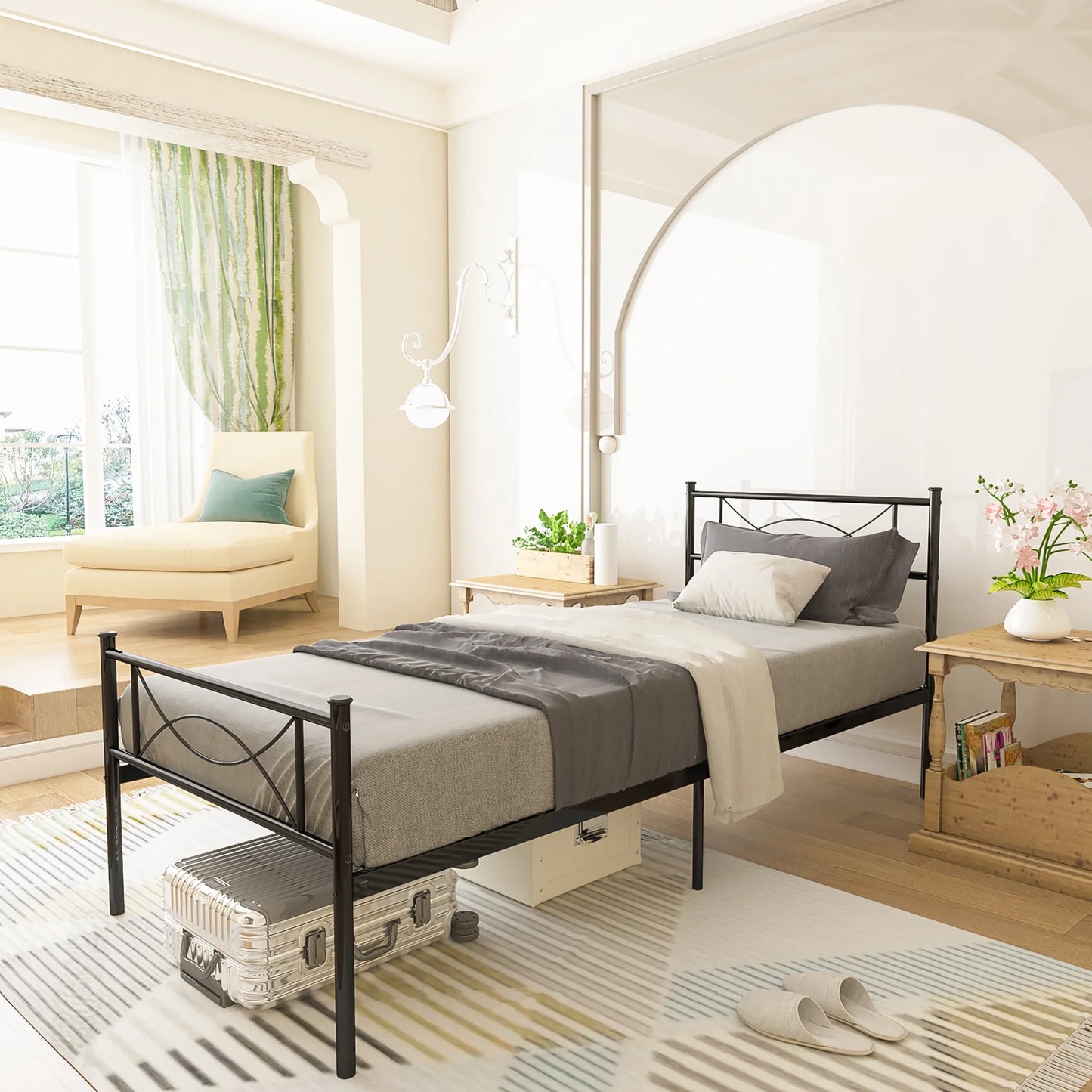 Easy Assembly Metal Bed Frame Twin Platform Bed Frame with Headboard Footboard No Box Spring for Kids Adult