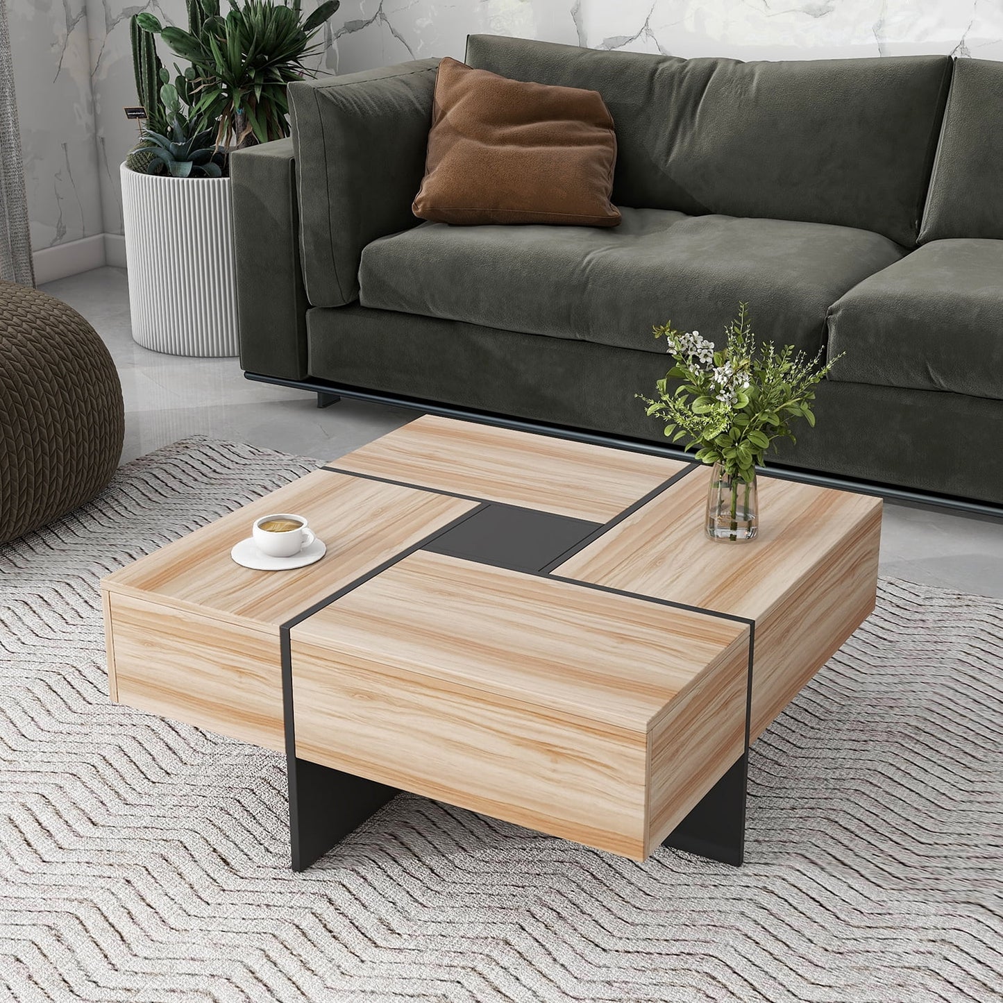 Unique Coffee Table, Side End Table with 4 Hidden Storage Compartments, Extendable Sliding Tabletop Accent Table for Living Room, Brown