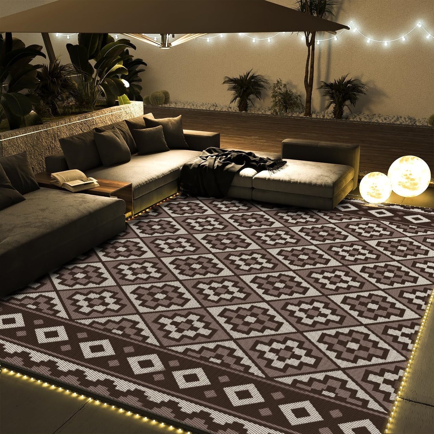 Outdoor Rug with LED Strip Lights 6'X9' Waterproof Reversible Patio Rug Foldable Plastic Straw Indoor Outdoor Rug for RV Camping Deck Balcony Porch Modern Boho Patio Decor Checkered Rug Grey