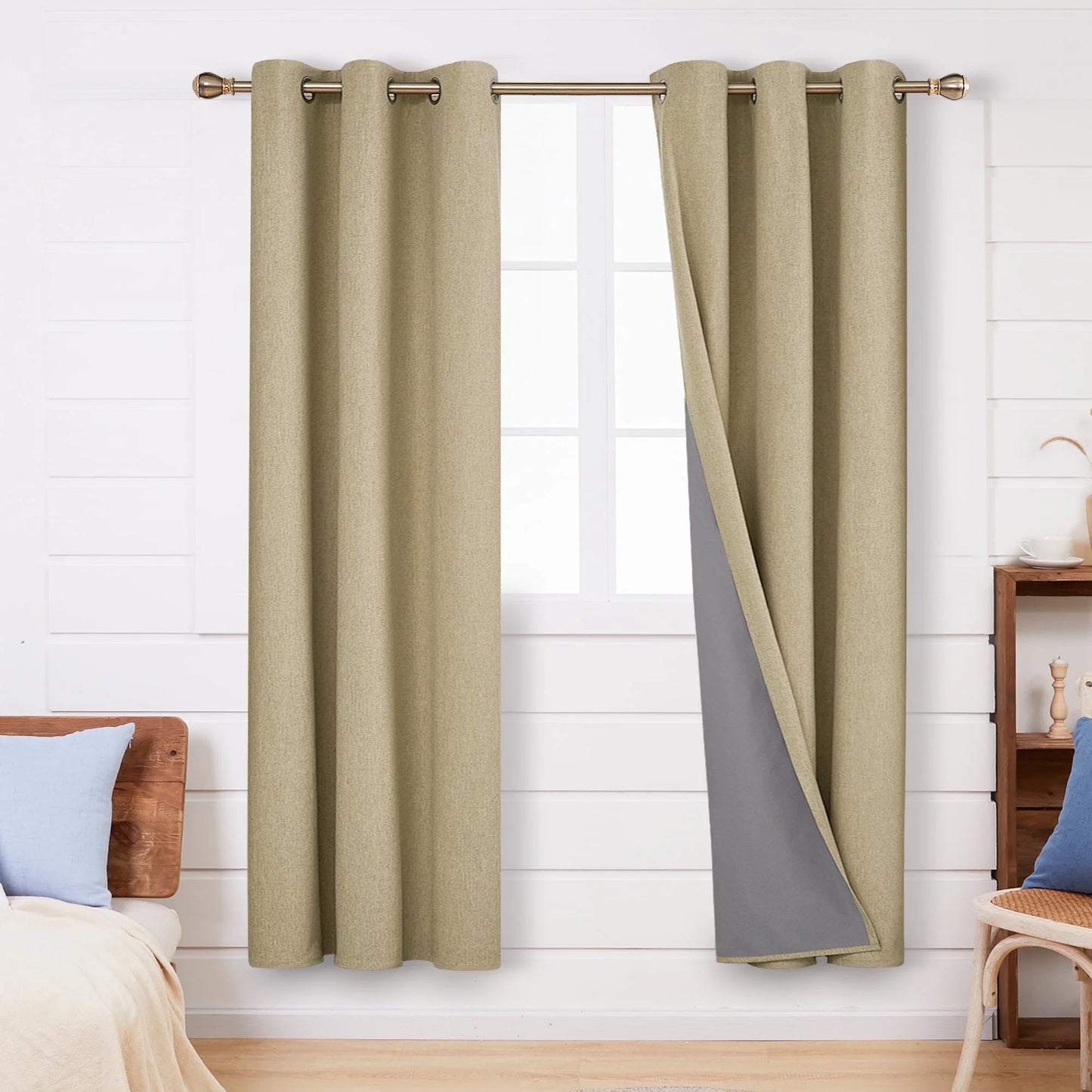 Total Blackout Curtains 2 Panels, Grommet Curtains Total Light Blocking Curtain, Soundproof Curtains for Bedroom (Khaki, 42W X 95L Inch)