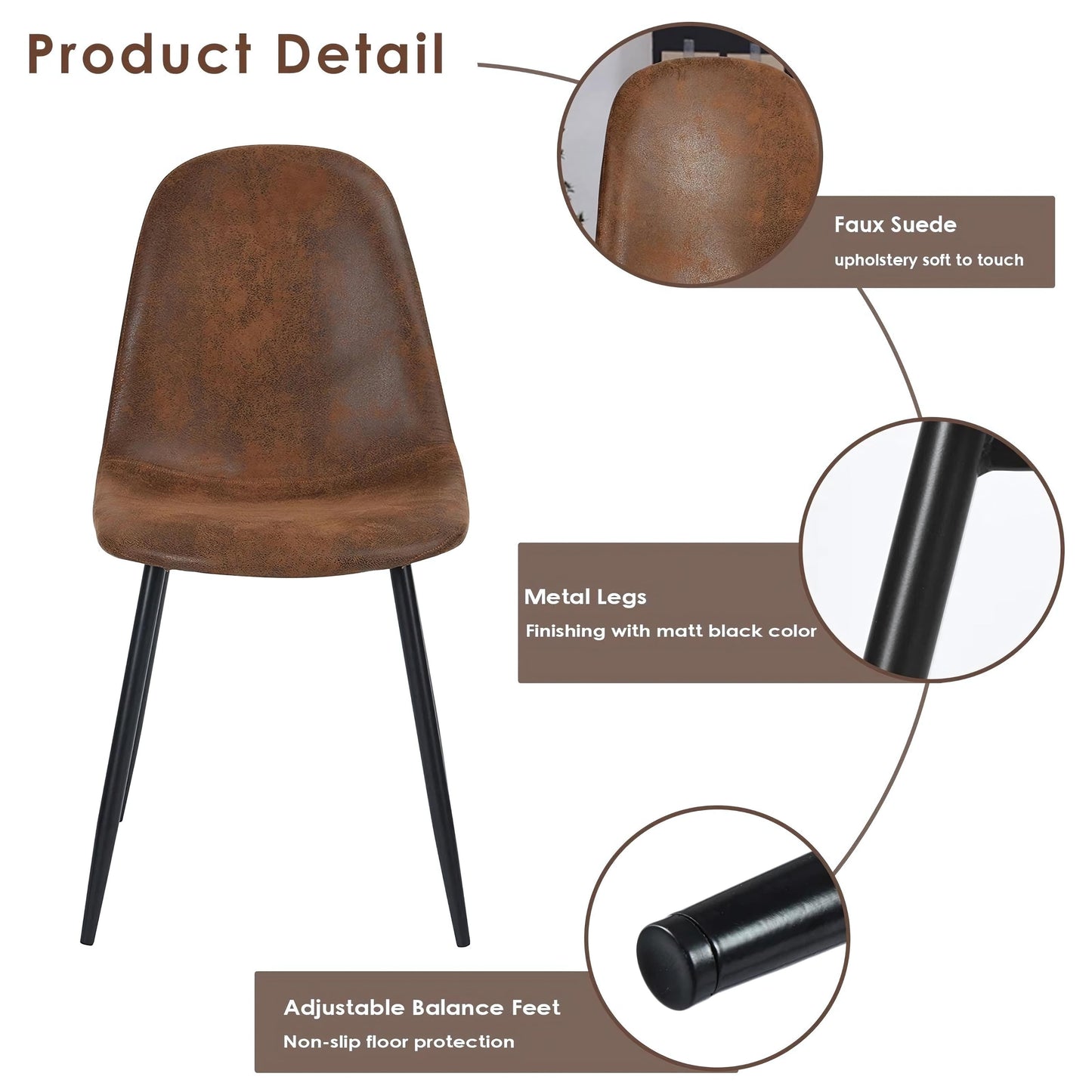 Set of 4 Upholstered Suede Dining Chairs for Family Dining Room or Restaurant