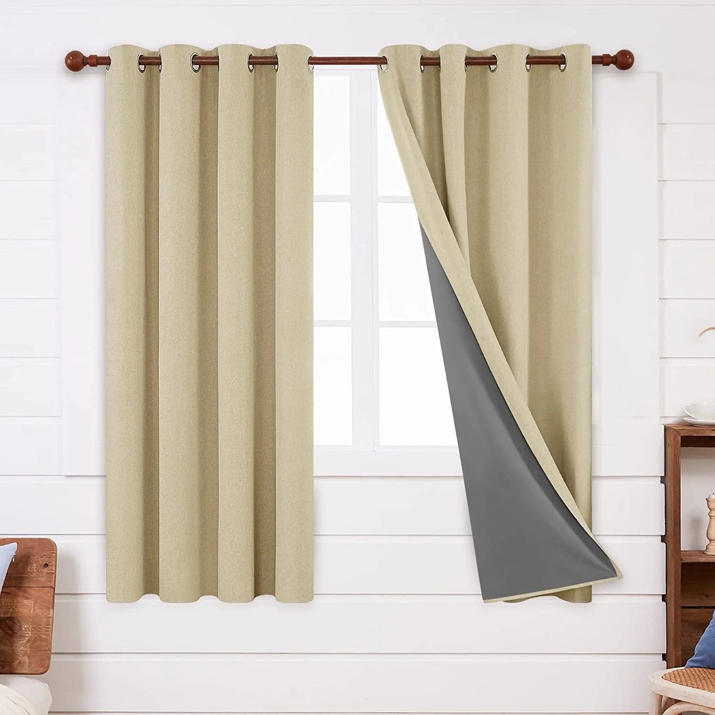 Total Blackout Curtains 2 Panels, Grommet Curtains Total Light Blocking Curtain, Soundproof Curtains for Bedroom (Khaki, 42W X 95L Inch)