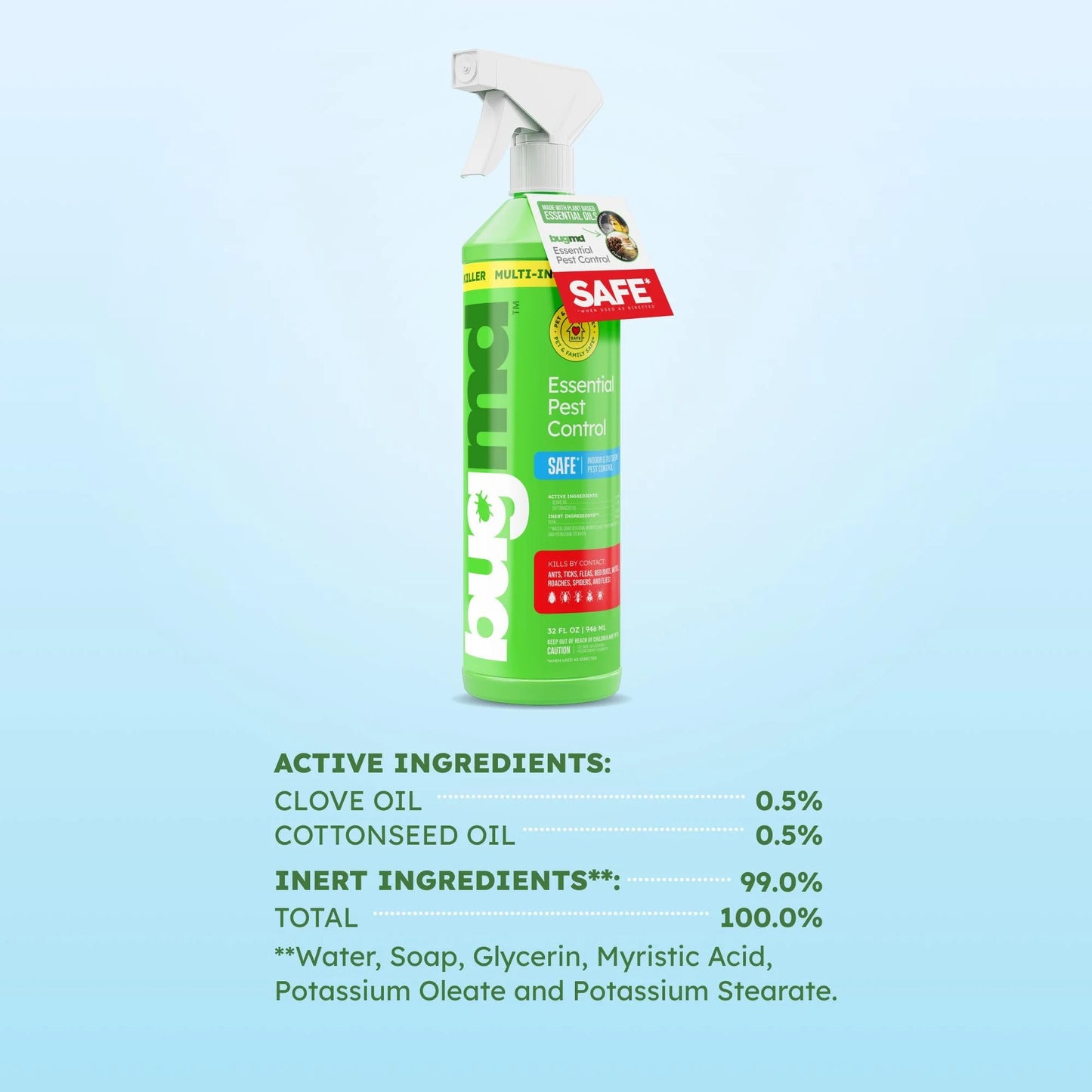 32 Oz Ant Killer & Bug Spray - Roach and Cockroach Killer Indoor, Spider and Flea Spray for Home, Fly and Insect Defense, Natural, Safe with Essential Oils, Plant-Powered, Pest Control