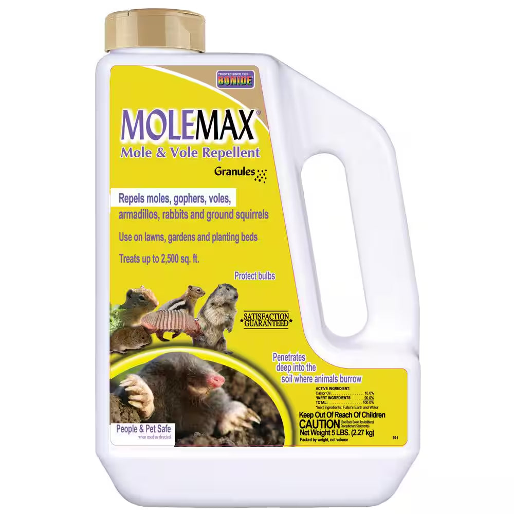 Molemax Mole and Vole Repellent Granules, 5 Lbs. Ready-To-Use, Lawn and Garden Mole Control, People and Pet Safe