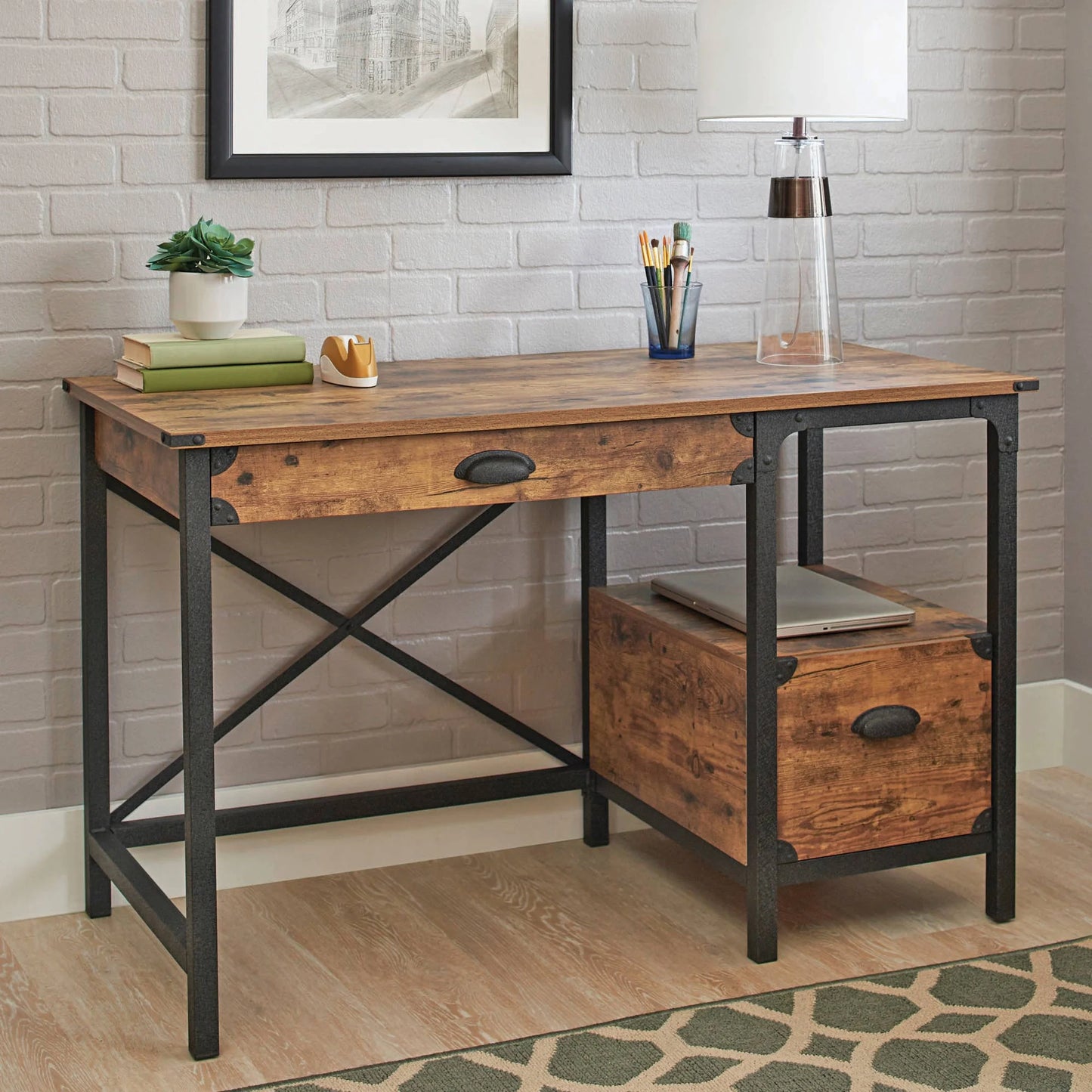 Rustic Country Office Desk, Weathered Pine Finish
