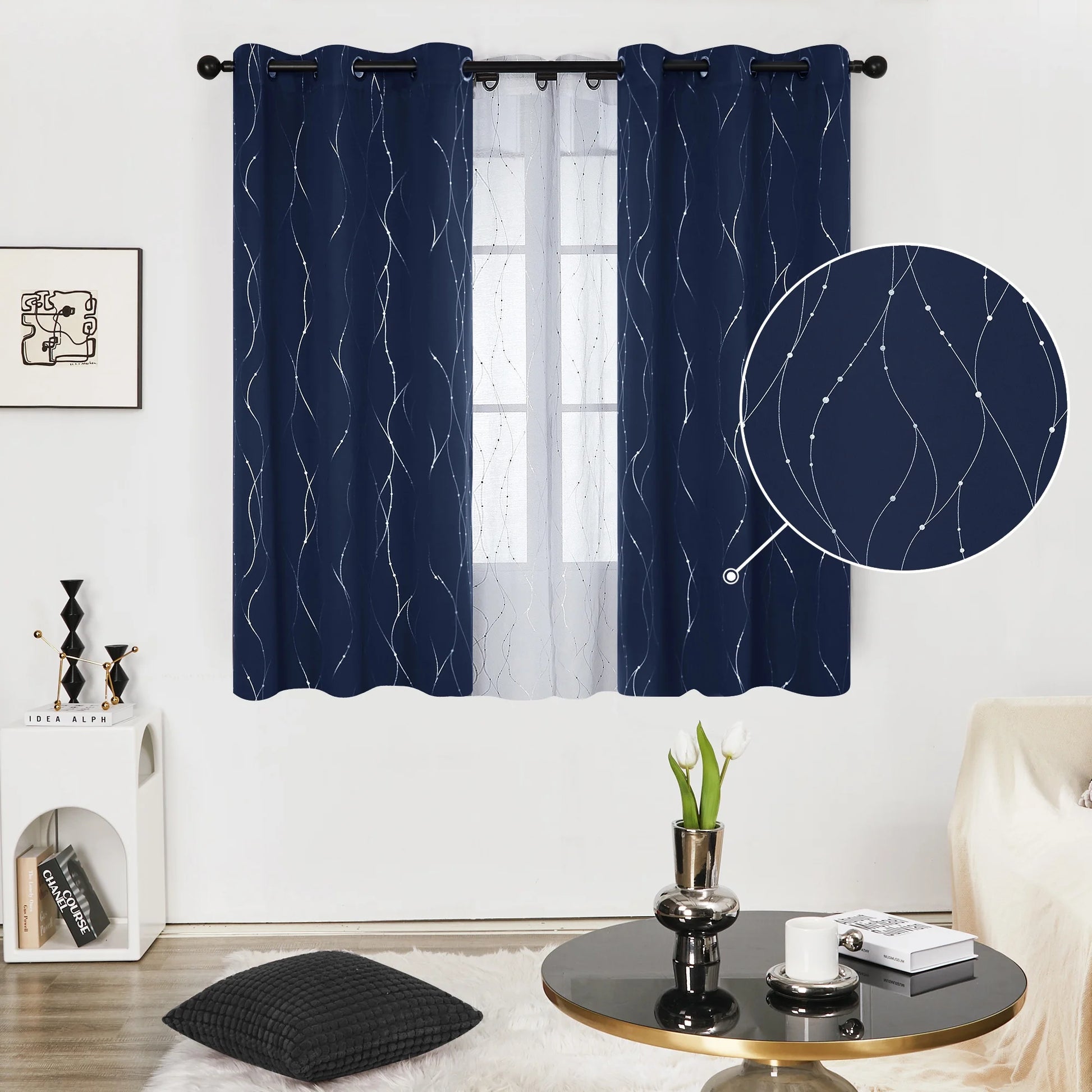 Silver Printed Blackout Curtains - 2 Panels, Wave Dots Pattern, Grommet Top, 52"X95", Thermal Insulated Drapes for Bedroom & Living Room, Gray