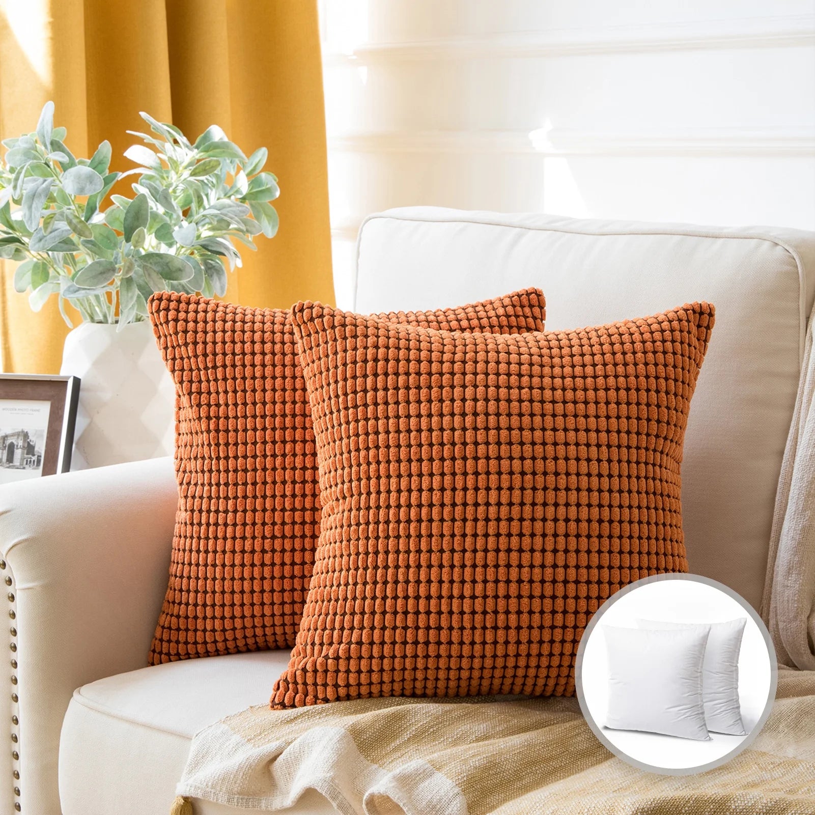 Soft Corduroy Corn Striped Velvet Series Decorative Throw Pillow, 22" X 22", Red, 2 Pack