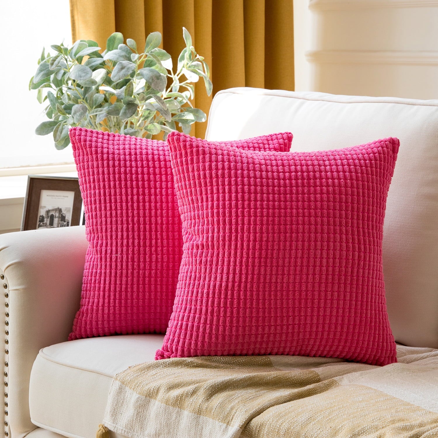 Soft Corduroy Corn Striped Velvet Series Decorative Throw Pillow, 22" X 22", Red, 2 Pack