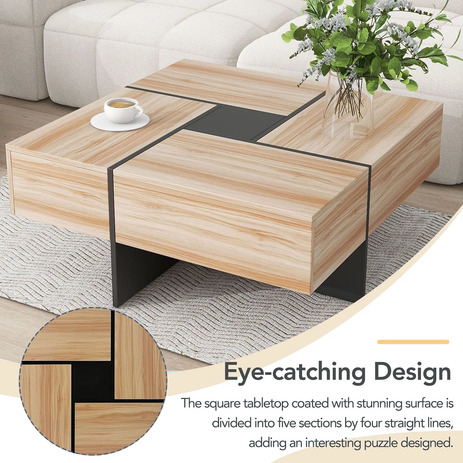 Unique Coffee Table, Side End Table with 4 Hidden Storage Compartments, Extendable Sliding Tabletop Accent Table for Living Room, Brown