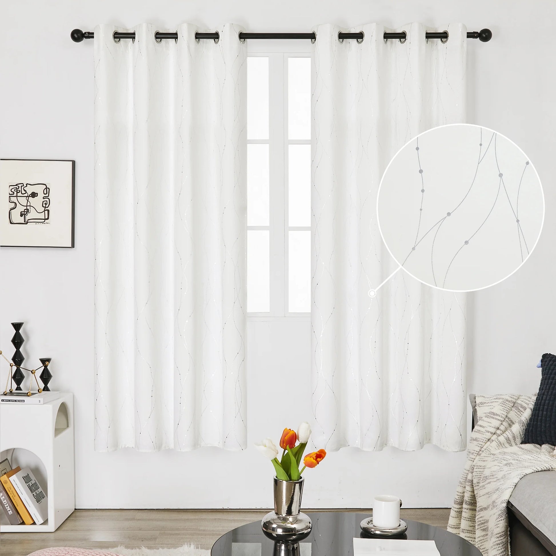 Silver Printed Blackout Curtains - 2 Panels, Wave Dots Pattern, Grommet Top, 52"X95", Thermal Insulated Drapes for Bedroom & Living Room, Gray