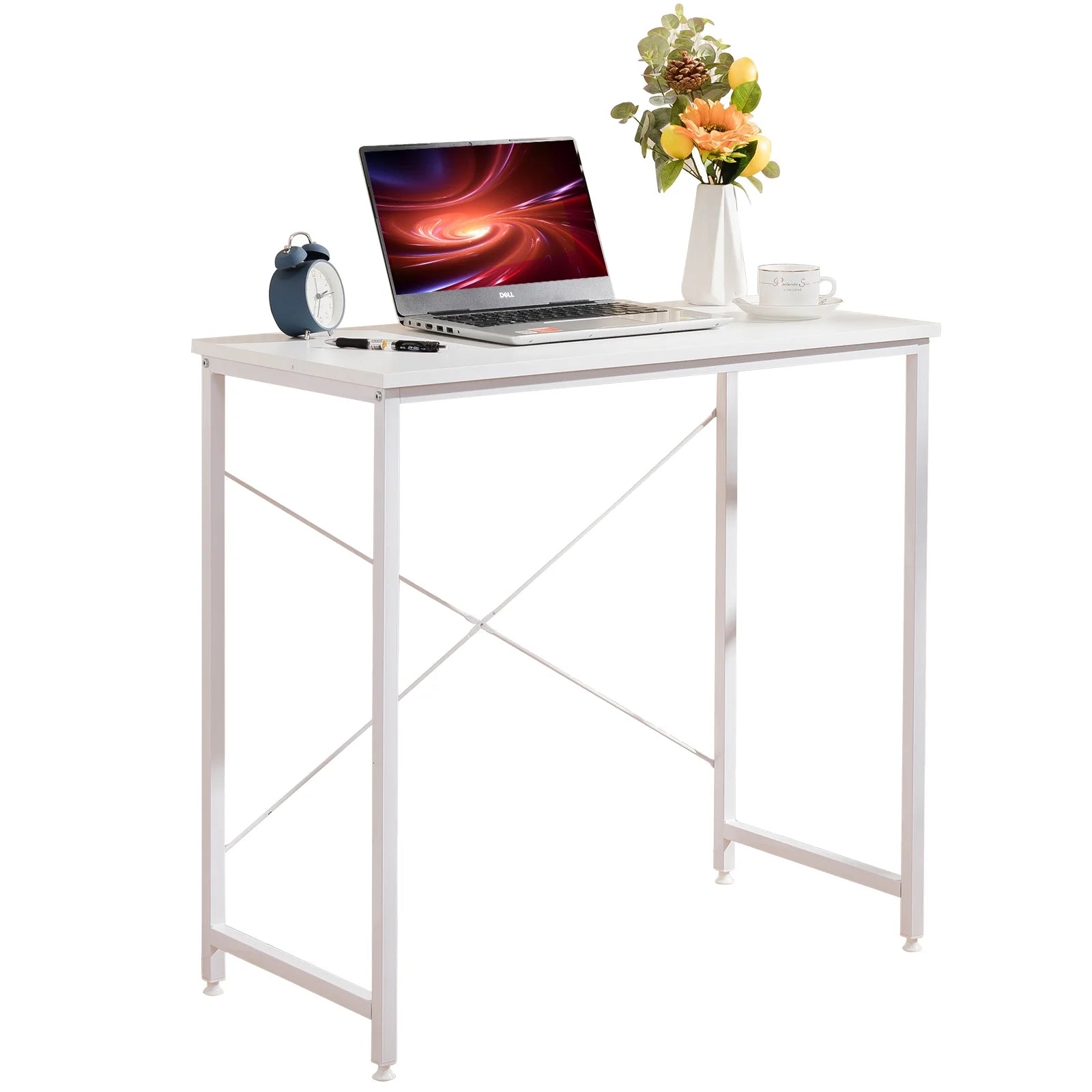 Small Computer Desk 32 Inch Writing Desk Metal Frame Modern Simple Style for Home Office Study,White
