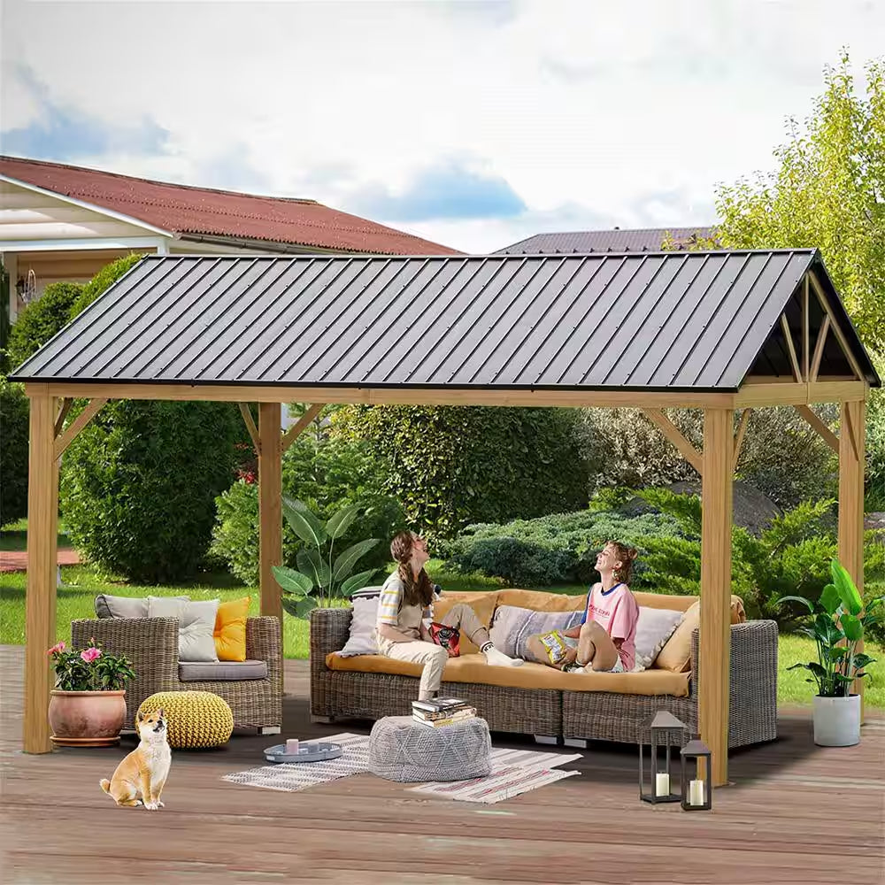 12 Ft. X 12 Ft. Wooden Coated Aluminum Frame Canopy with Galvanized Steel Double Roof with Curtains and Netting
