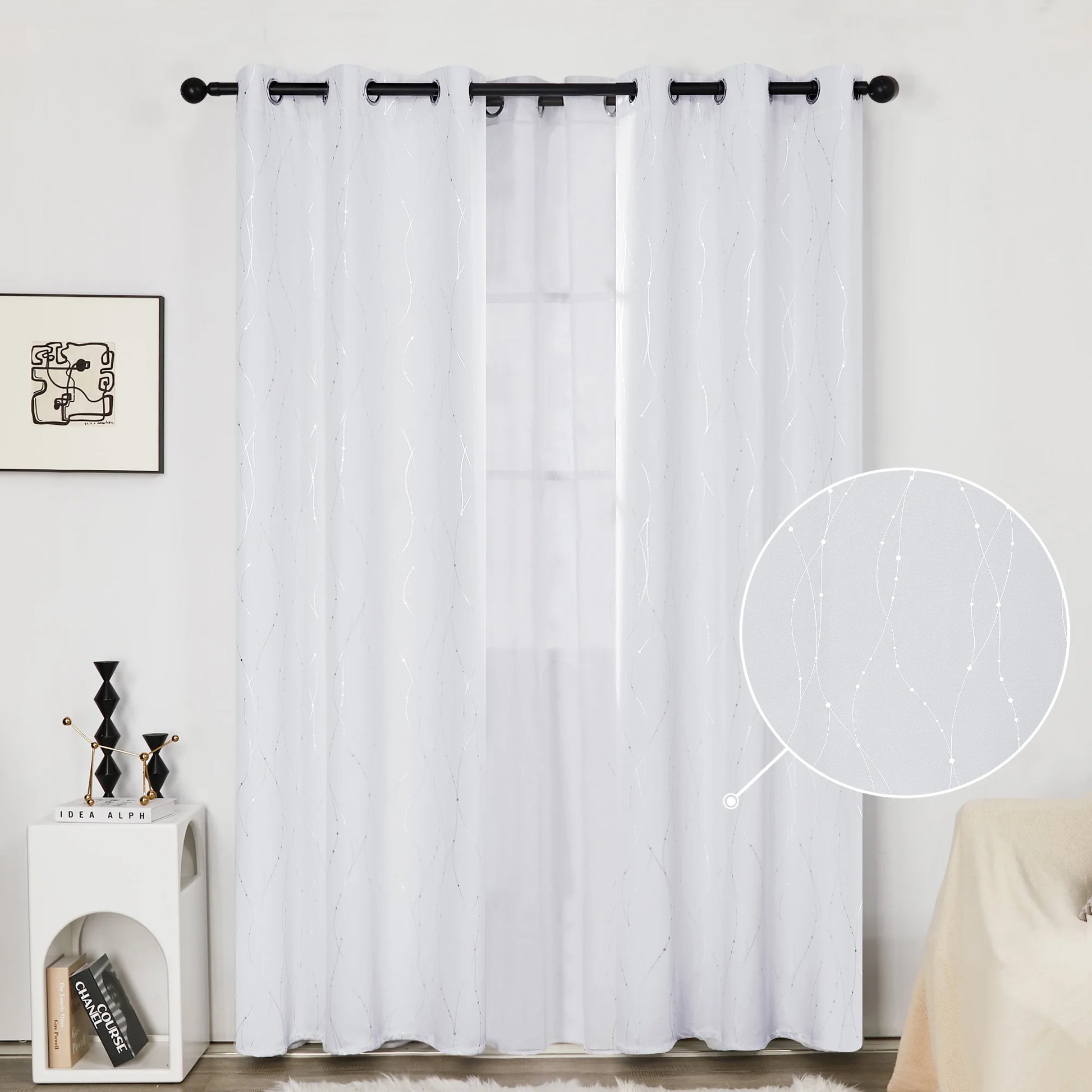 Silver Printed Blackout Curtains - 2 Panels, Wave Dots Pattern, Grommet Top, 52"X95", Thermal Insulated Drapes for Bedroom & Living Room, Gray