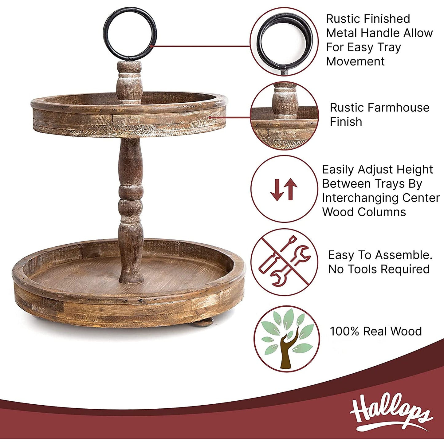 Hallocs 2 Tiered Wood Tray - Rustic Farmhouse Serving Stand for Food and Parties - Galvanized Kitchen Table Decor - Fall Tiered Tray Display (Brown)