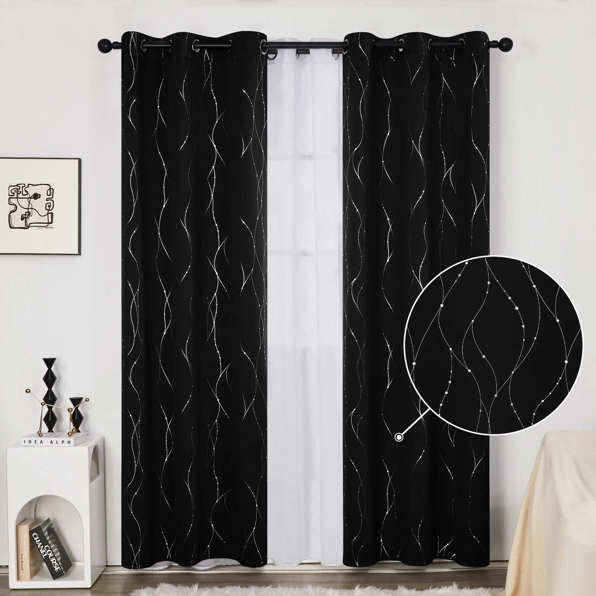 Silver Printed Blackout Curtains - 2 Panels, Wave Dots Pattern, Grommet Top, 52"X95", Thermal Insulated Drapes for Bedroom & Living Room, Gray